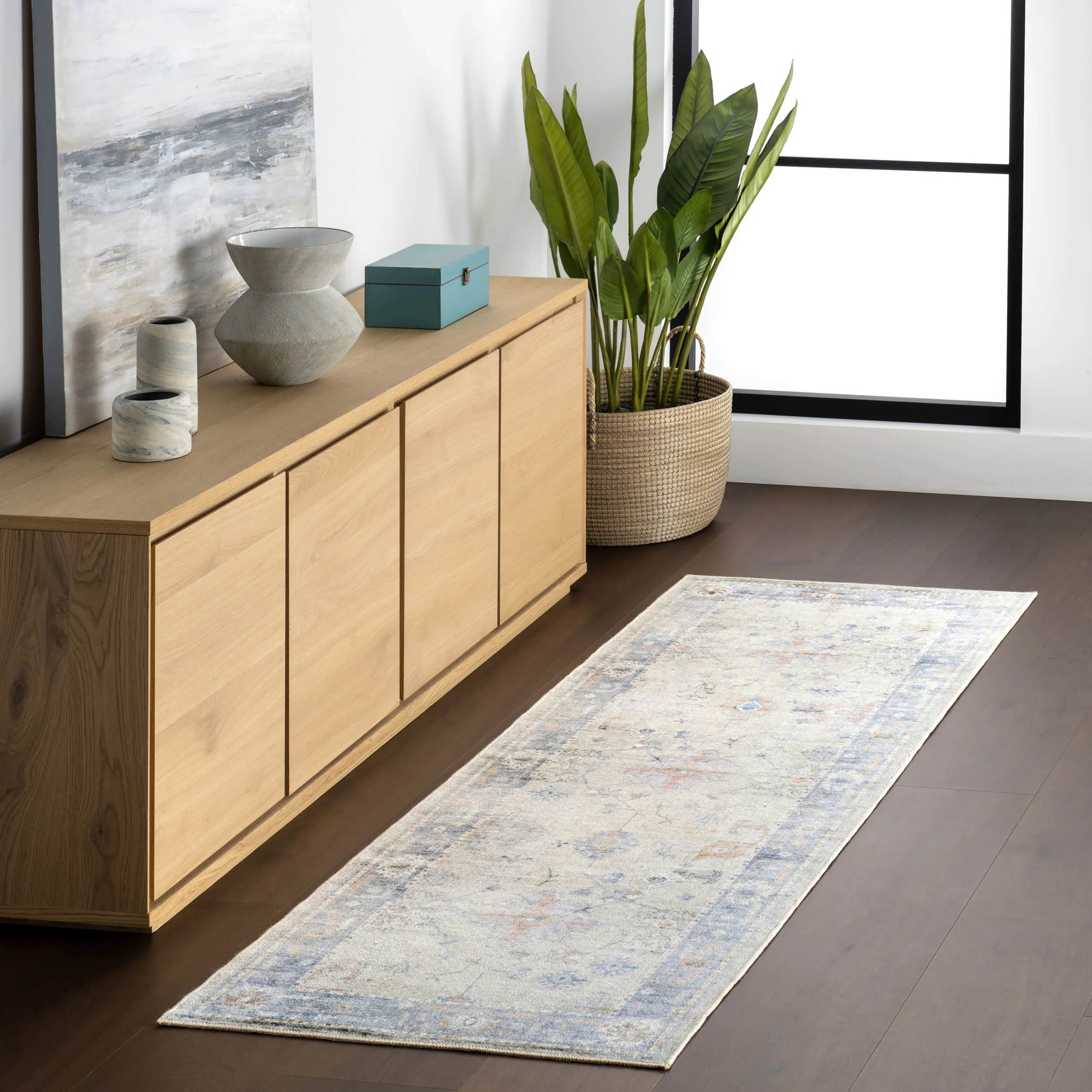 Blaire Vintage Floral Washable Rug | Light Blue - Image 2