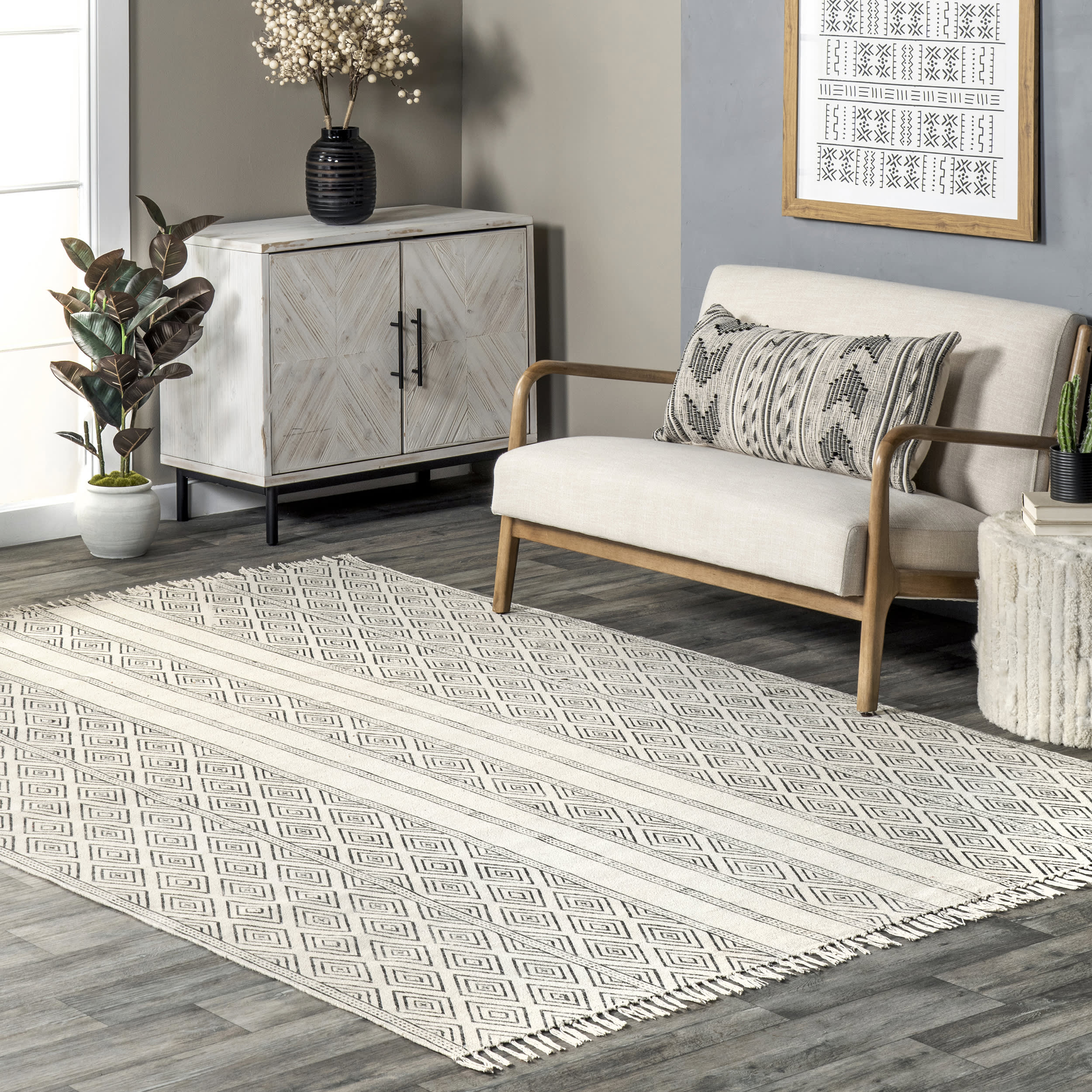 Block Printed Cotton Flatweave Concentric Diamonds Rug | Off White - Image 2