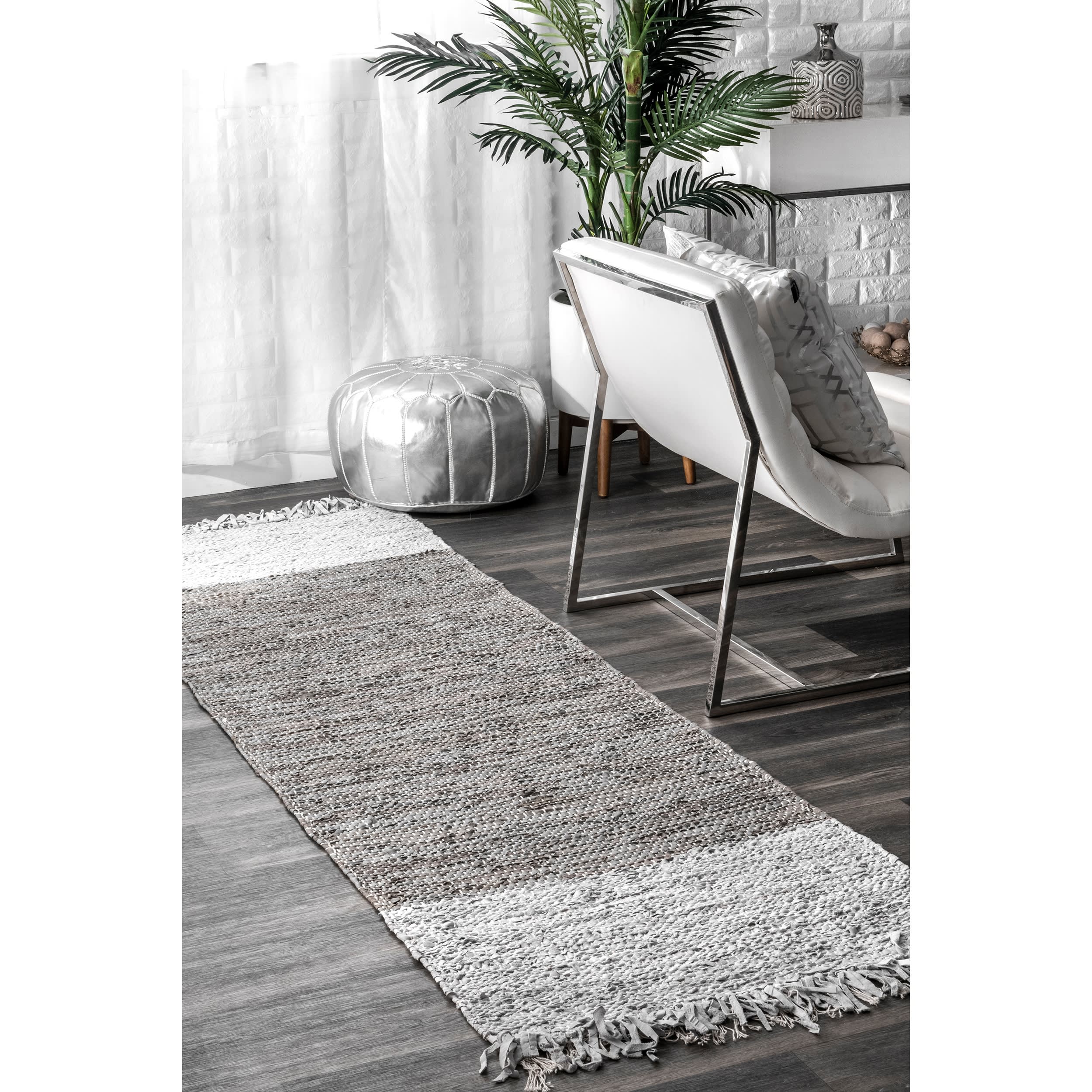 Bordered Leather Tassel Rug | Grey - Image 2