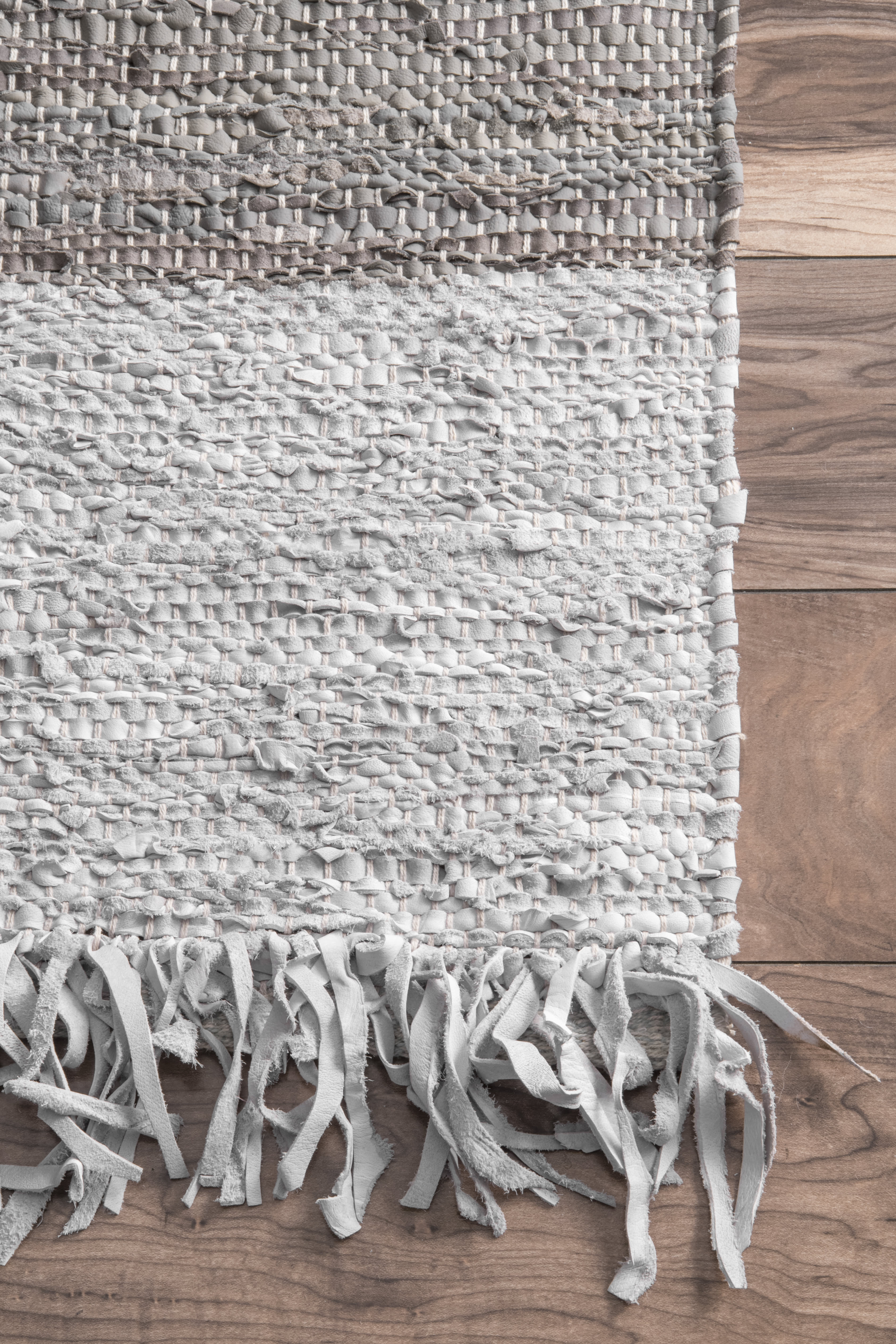 Bordered Leather Tassel Rug | Grey - Image 3