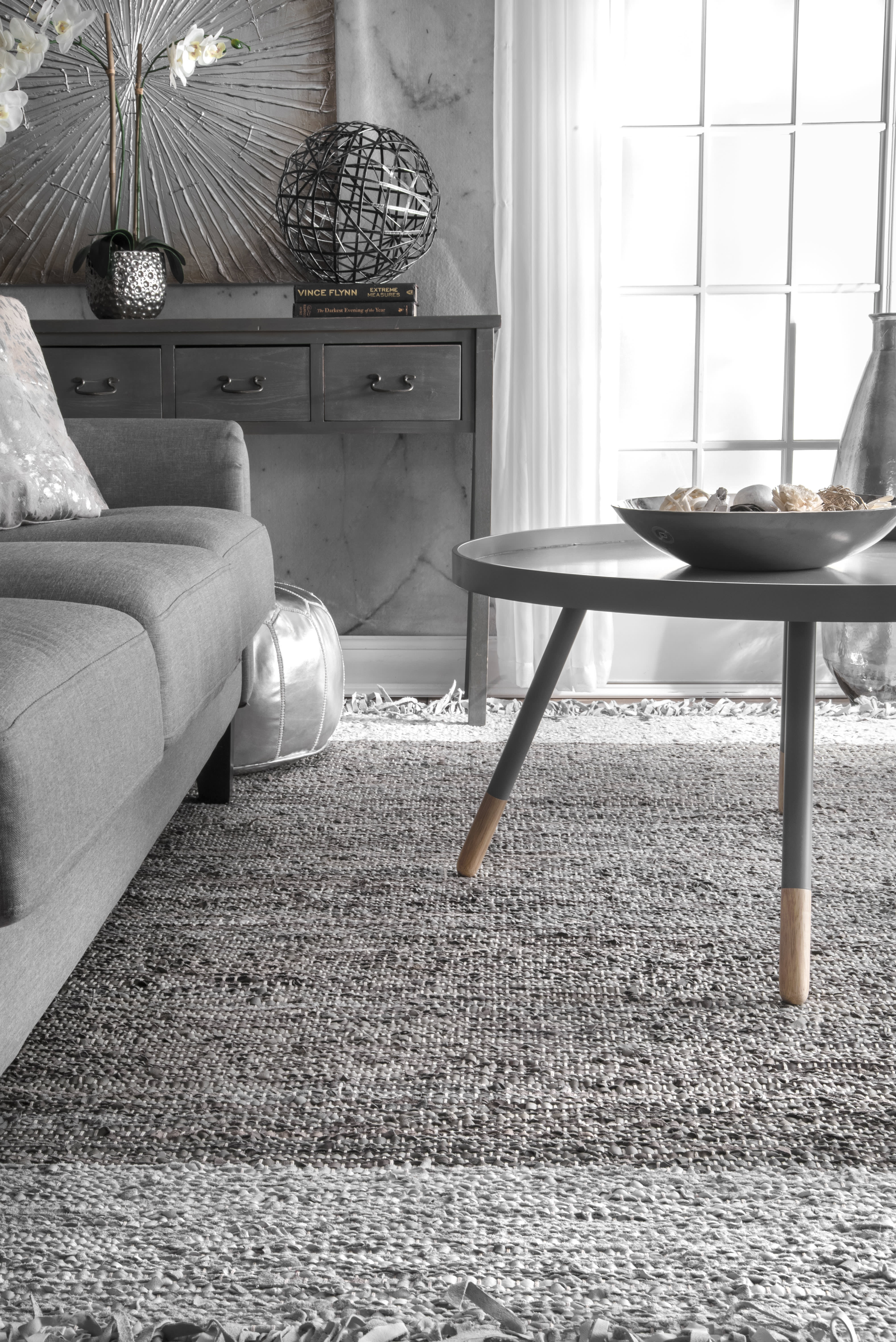 Bordered Leather Tassel Rug | Grey - Image 4