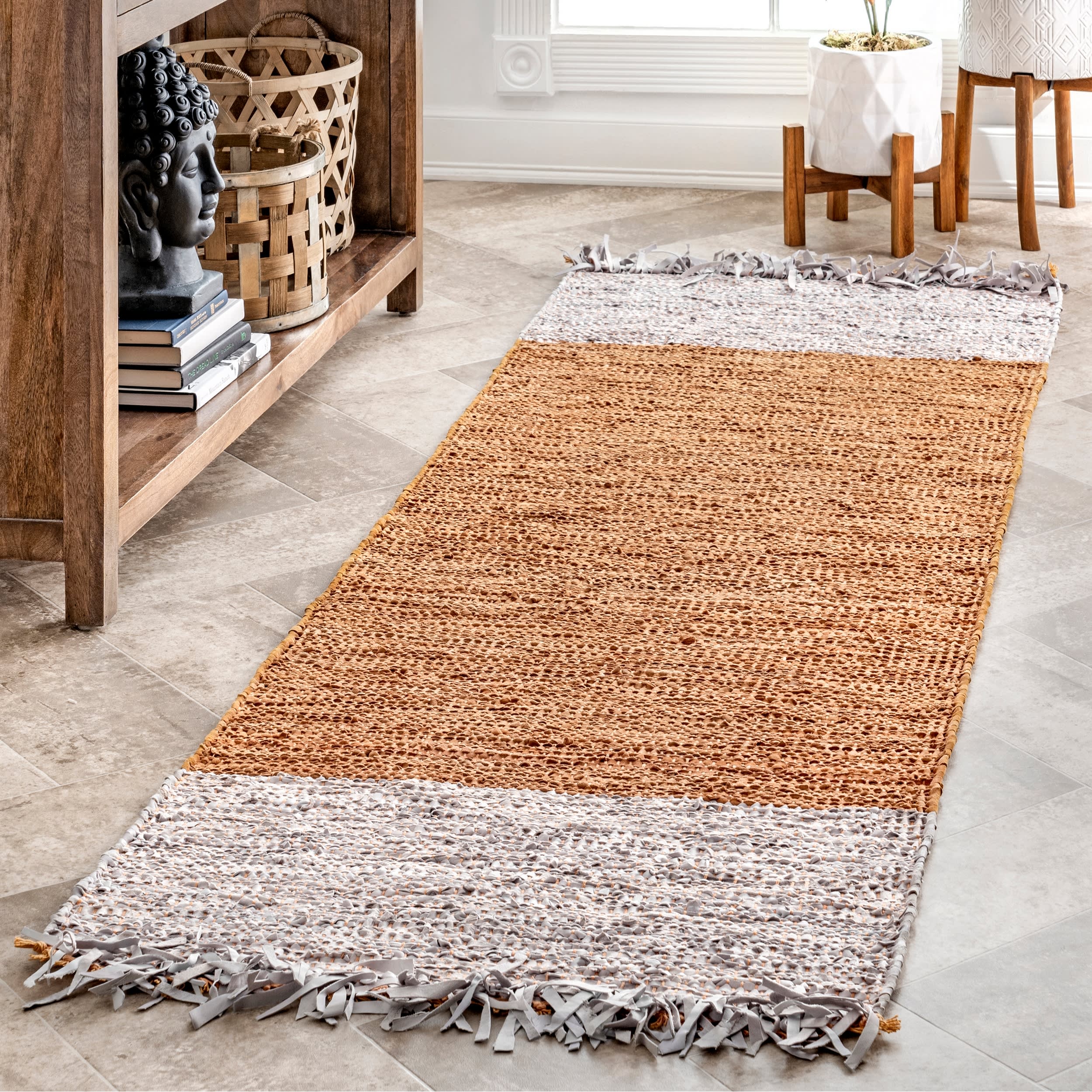 Bordered Leather Tassel Rug | Natural - Image 2