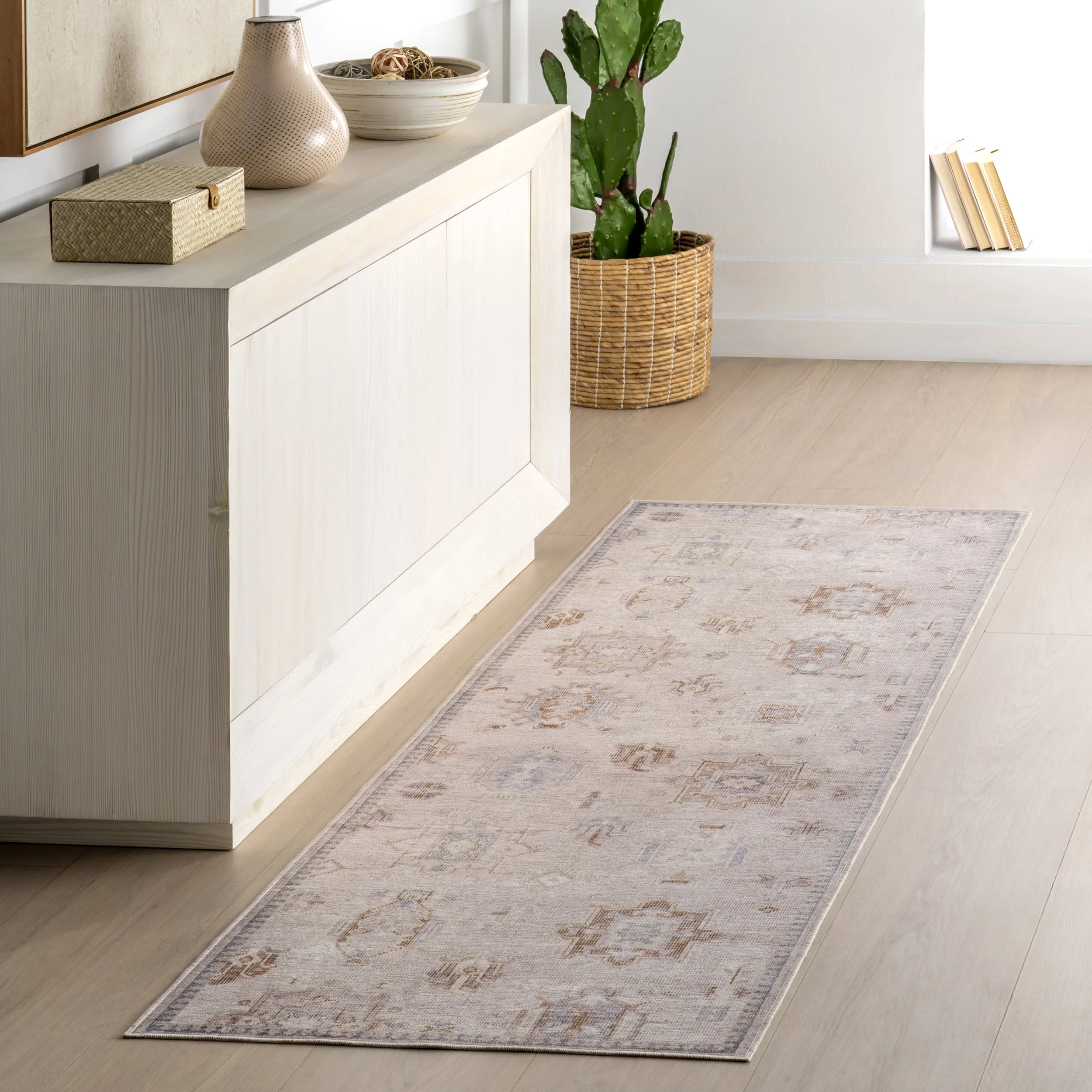 Brenda Hazy Heraldry Spill Proof Washable Rug | Beige - Image 2