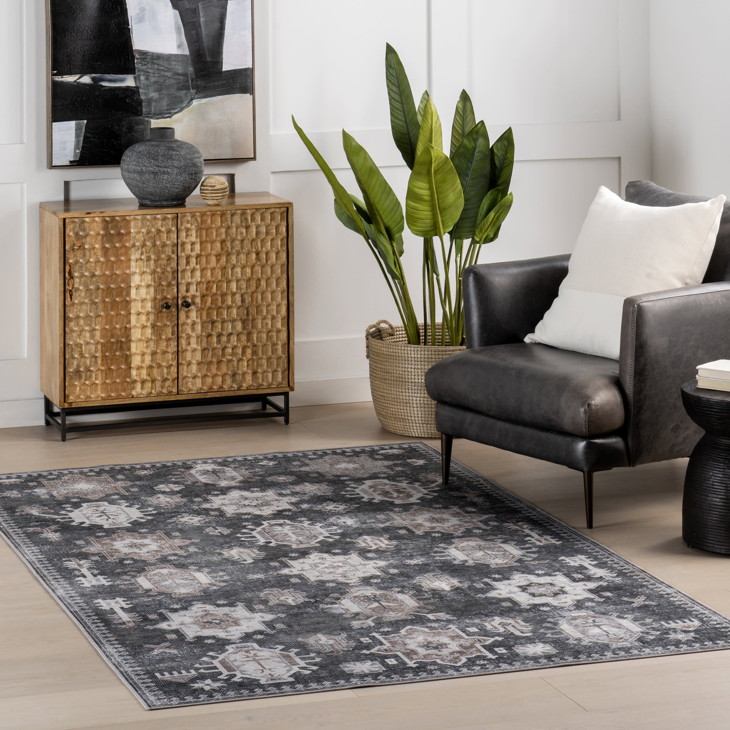 Brenda Hazy Heraldry Spill Proof Washable Rug | Dark Grey - Image 2