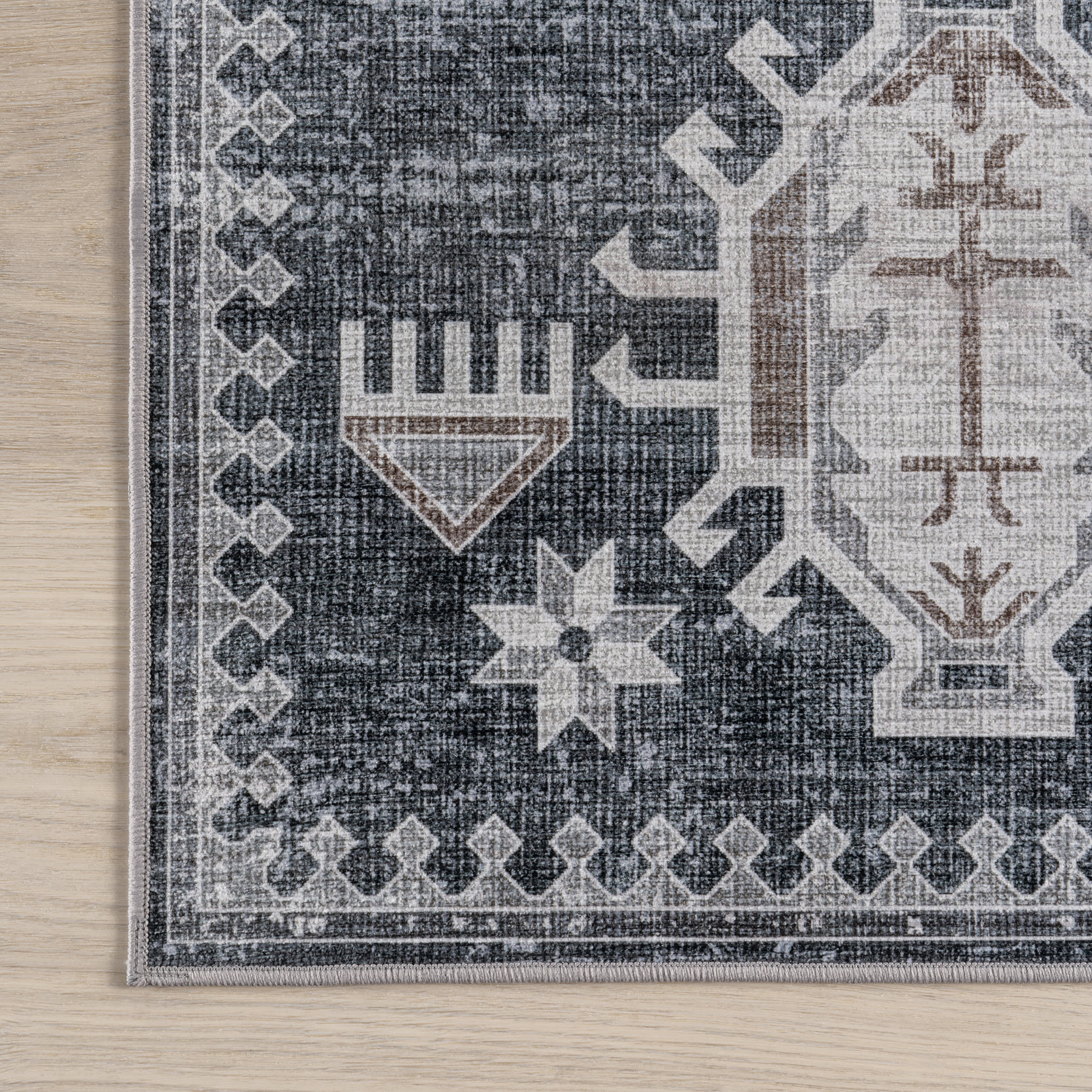 Brenda Hazy Heraldry Spill Proof Washable Rug | Dark Grey - Image 4