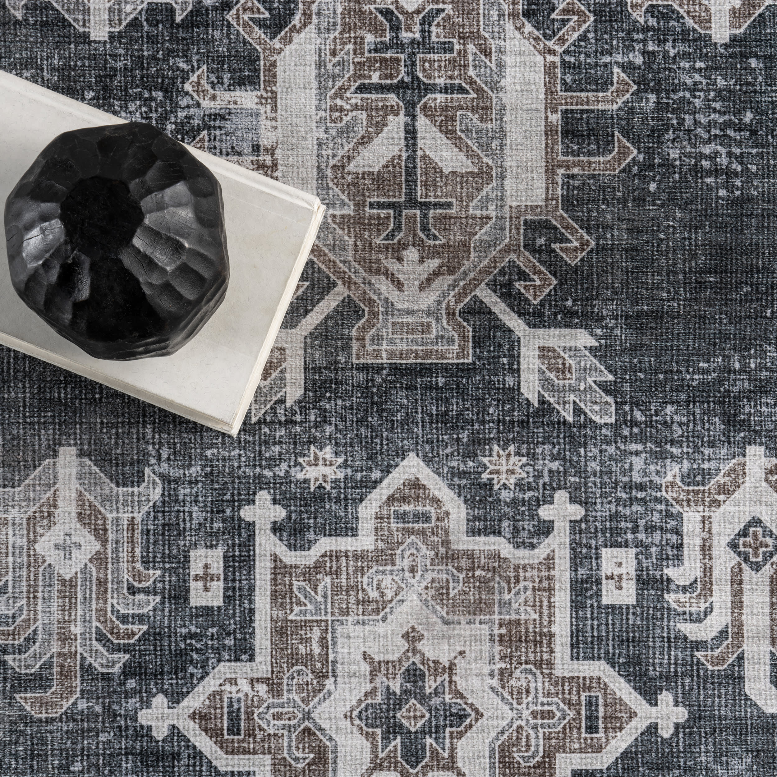 Brenda Hazy Heraldry Spill Proof Washable Rug | Dark Grey - Image 8