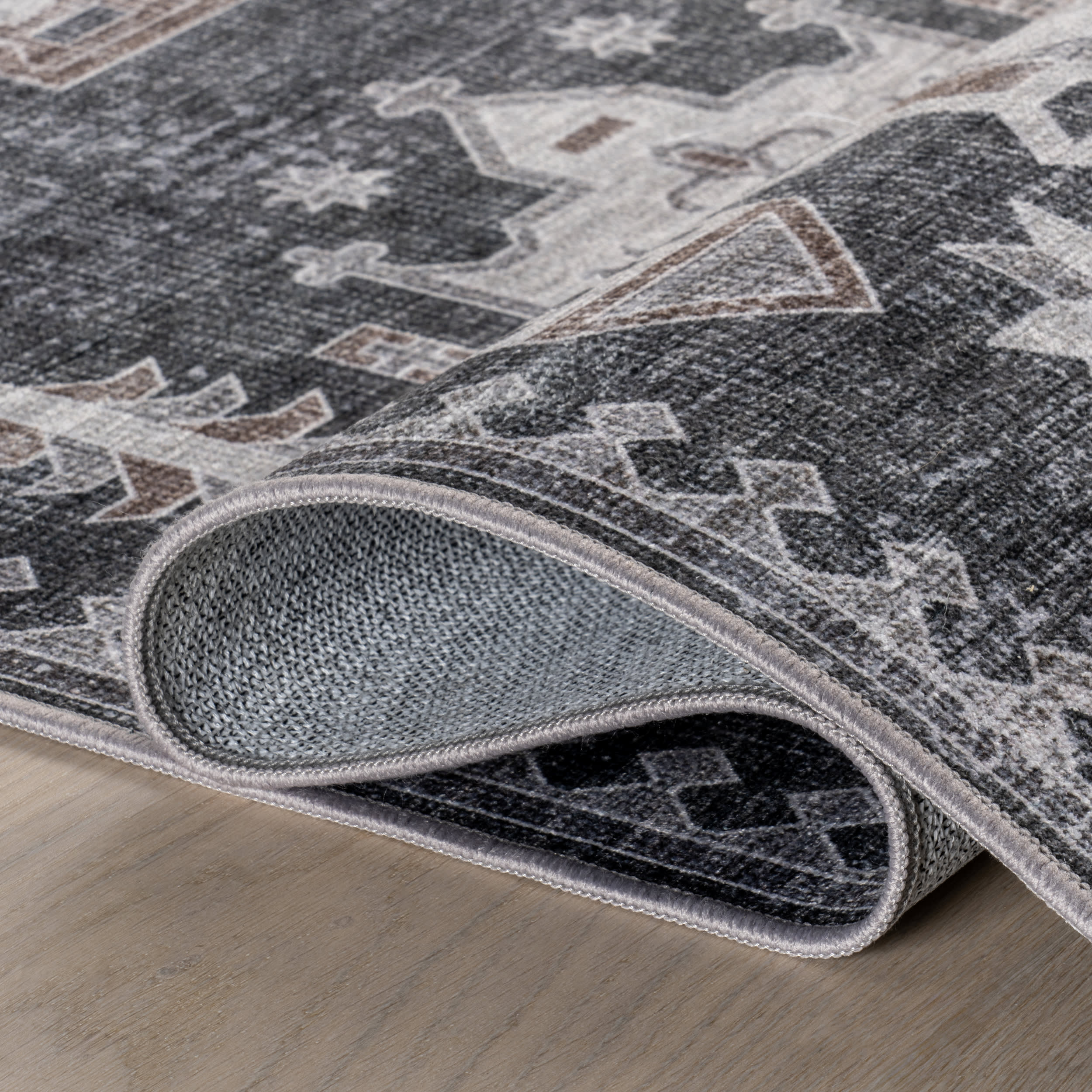 Brenda Hazy Heraldry Spill Proof Washable Rug | Dark Grey - Image 9