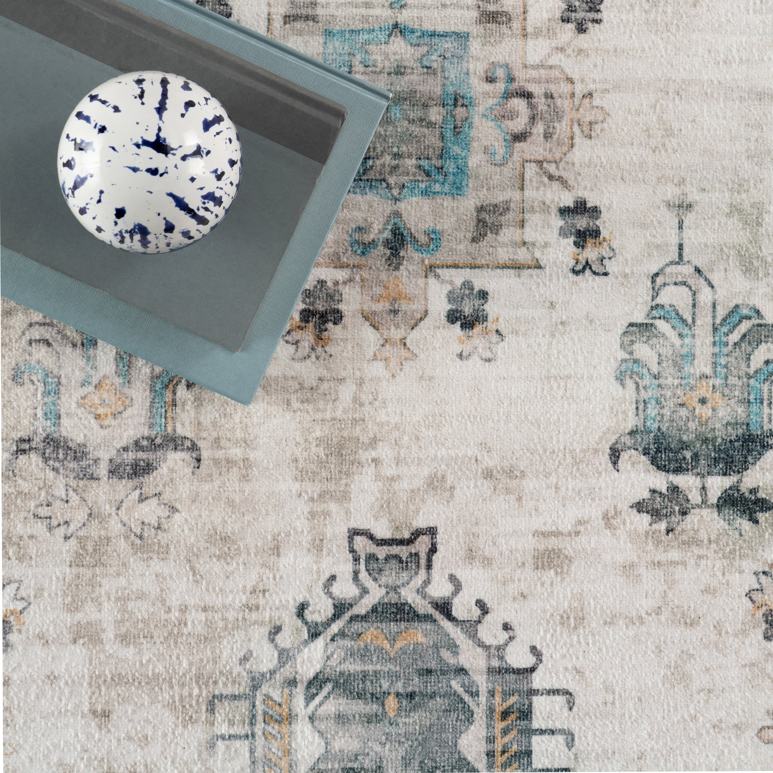 Brenda Hazy Heraldry Spill Proof Washable Rug | Ivory - Image 8