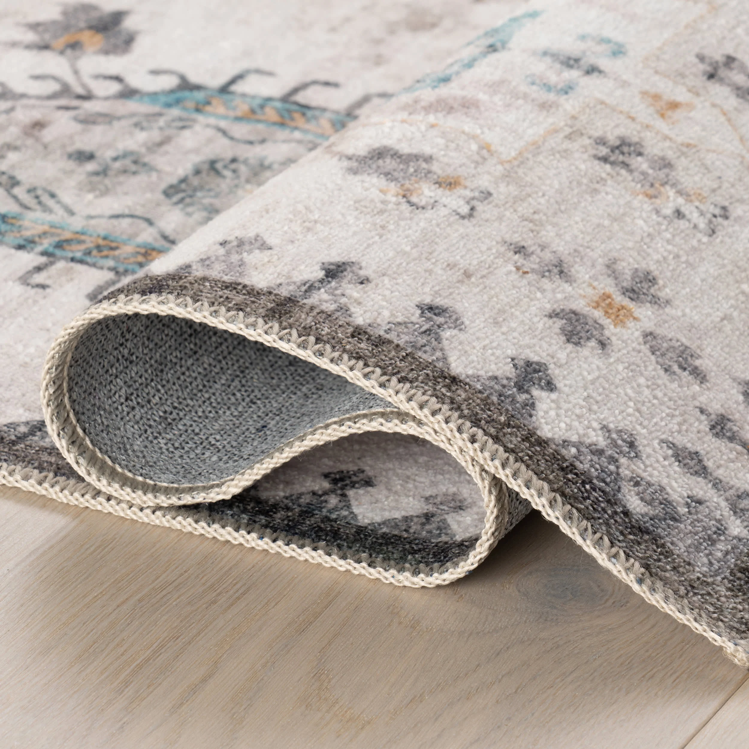 Brenda Hazy Heraldry Spill Proof Washable Rug | Ivory - Image 9