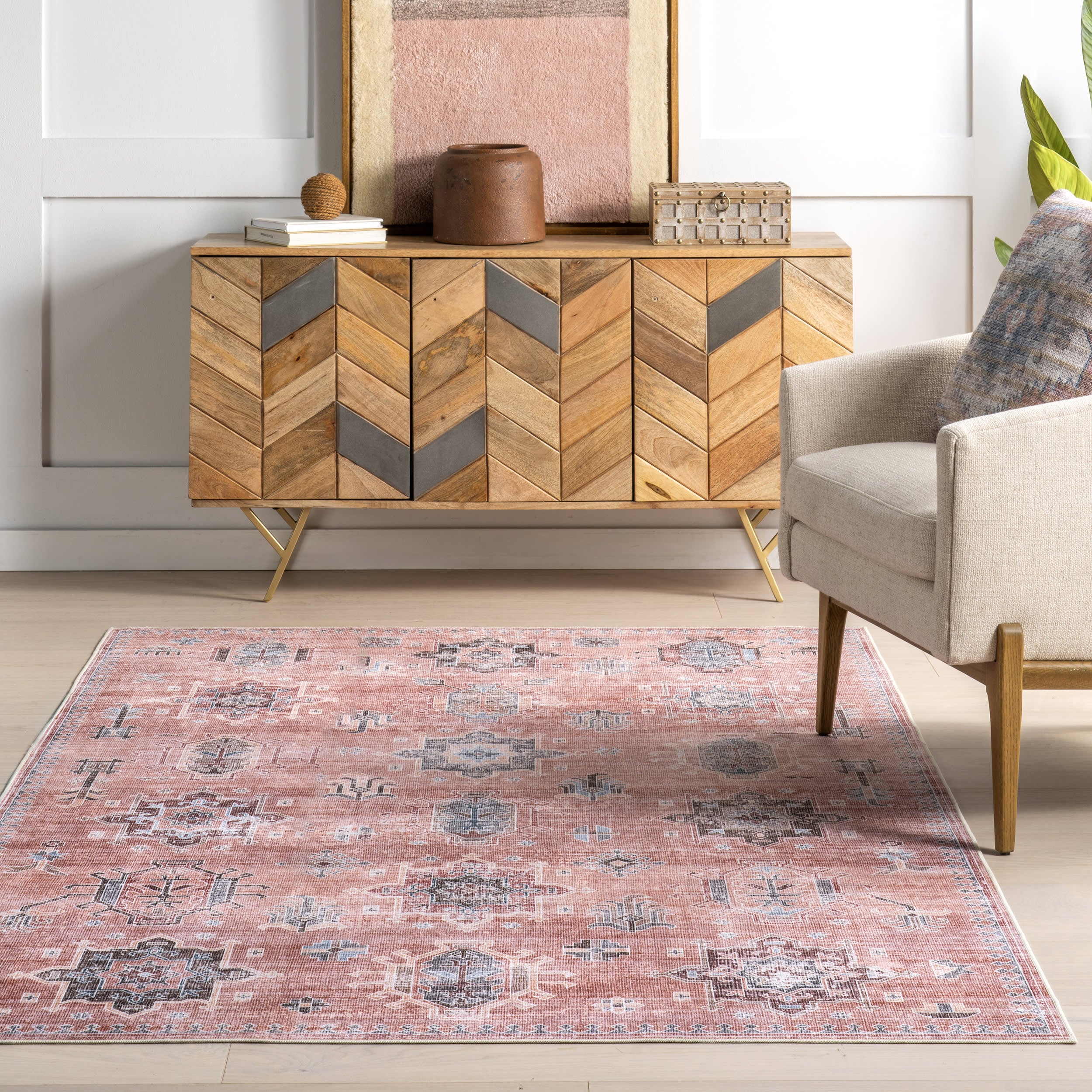 Brenda Hazy Heraldry Spill Proof Washable Rug | Pink - Image 5