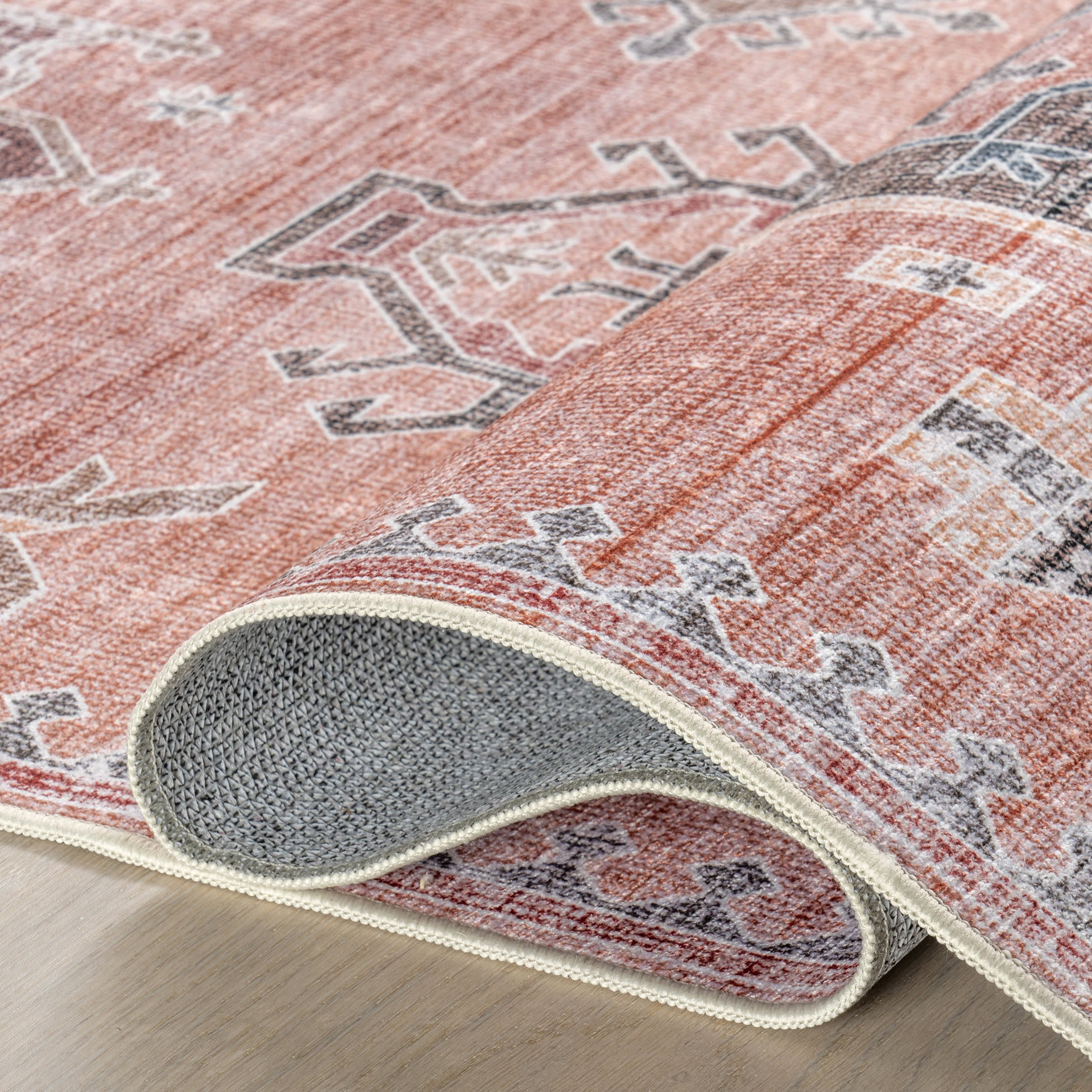 Brenda Hazy Heraldry Spill Proof Washable Rug | Pink - Image 9