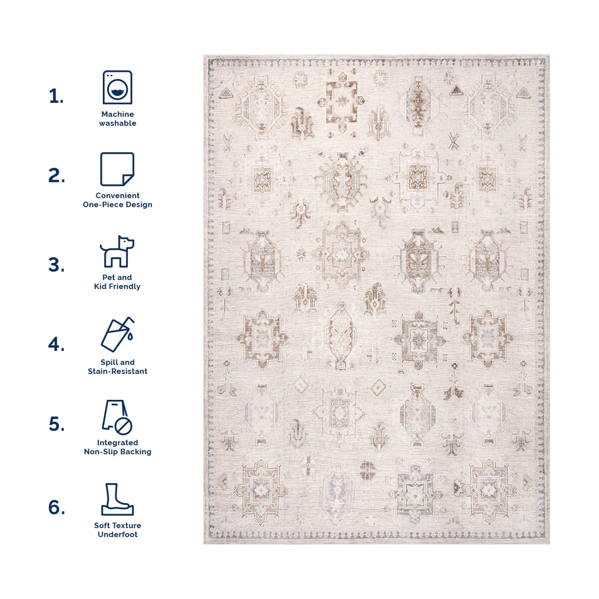 Brenda Hazy Heraldry Washable Rug | Beige - Image 6