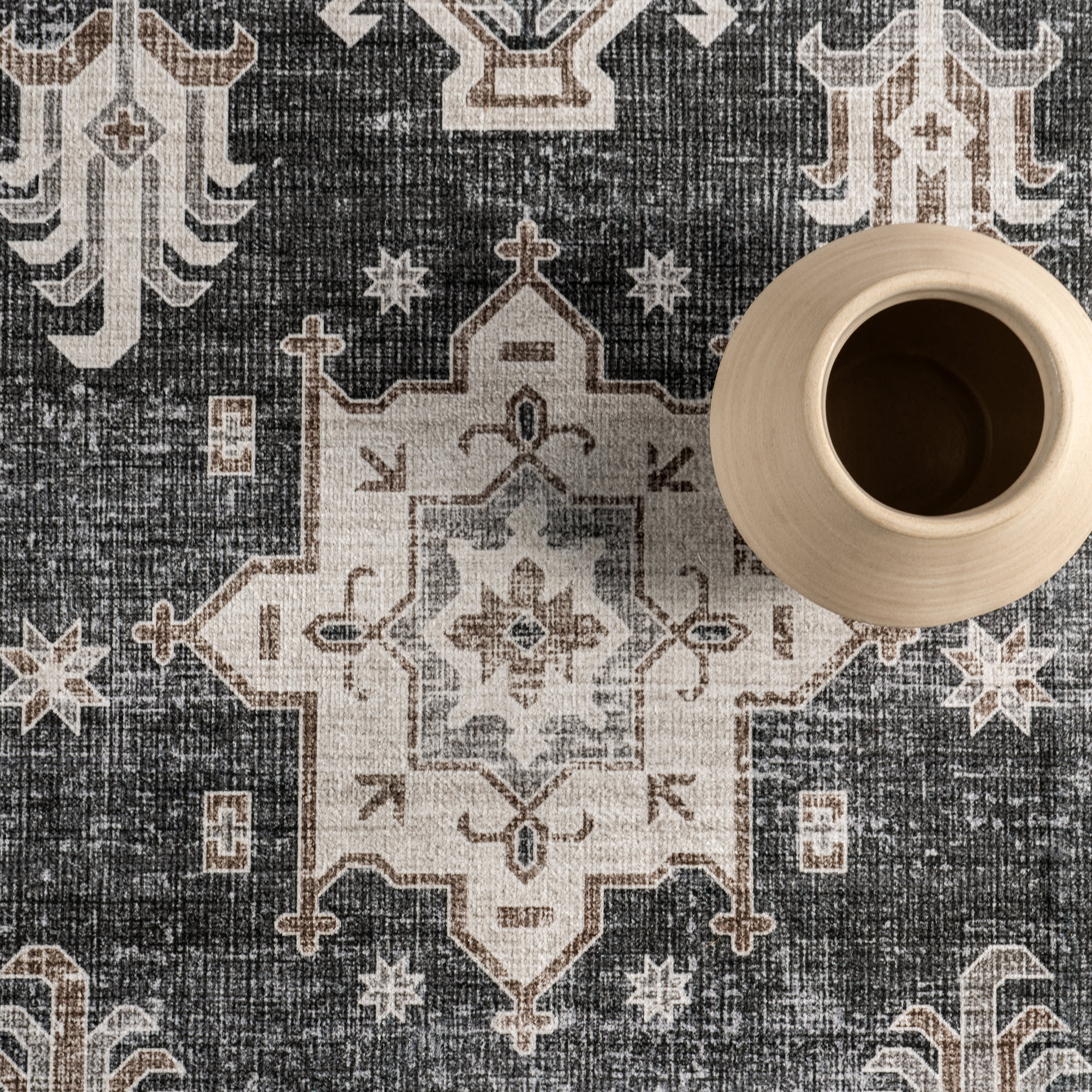 Brenda Hazy Heraldry Washable Rug | Dark Grey - Image 7