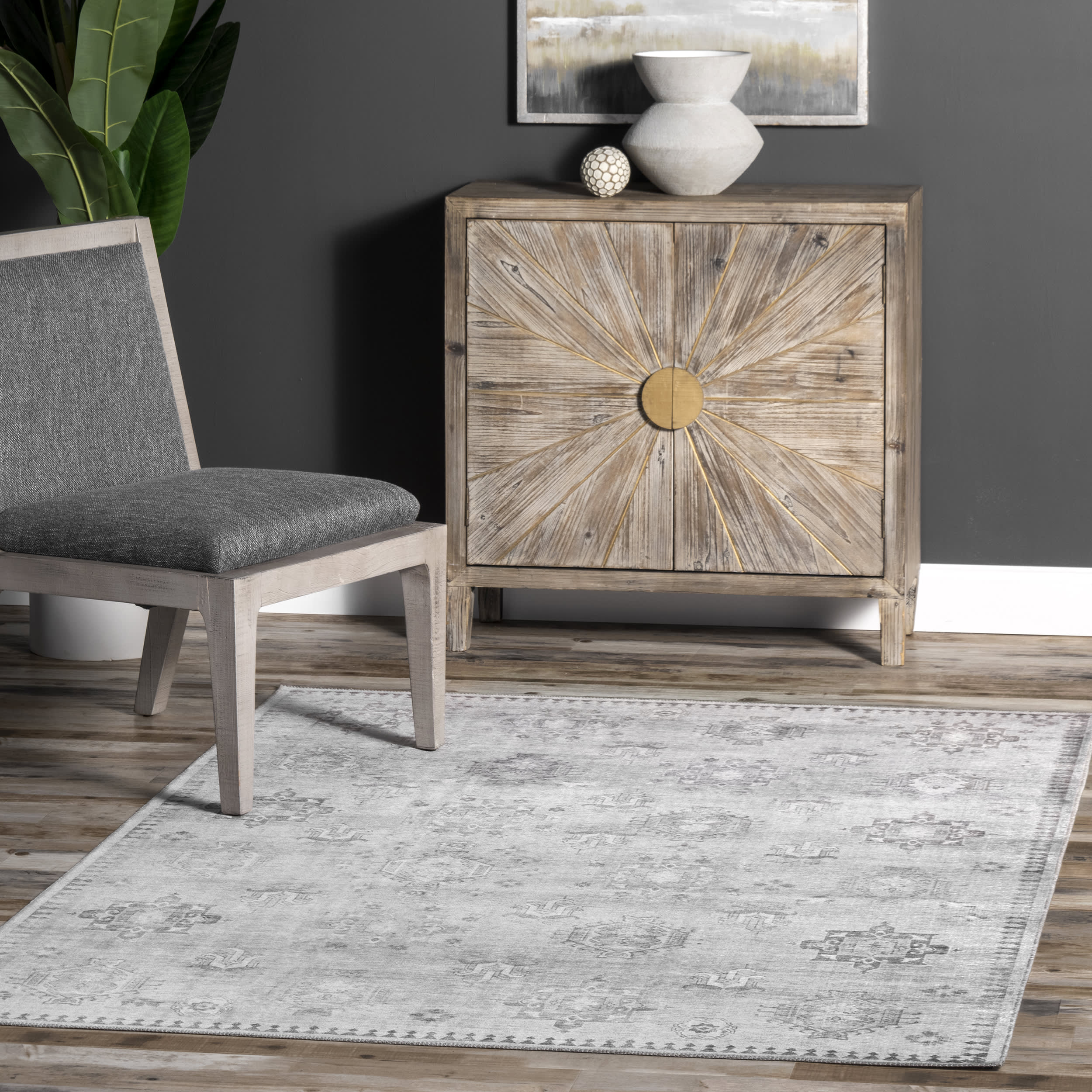 Brenda Hazy Heraldry Washable Rug | Light Grey - Image 2