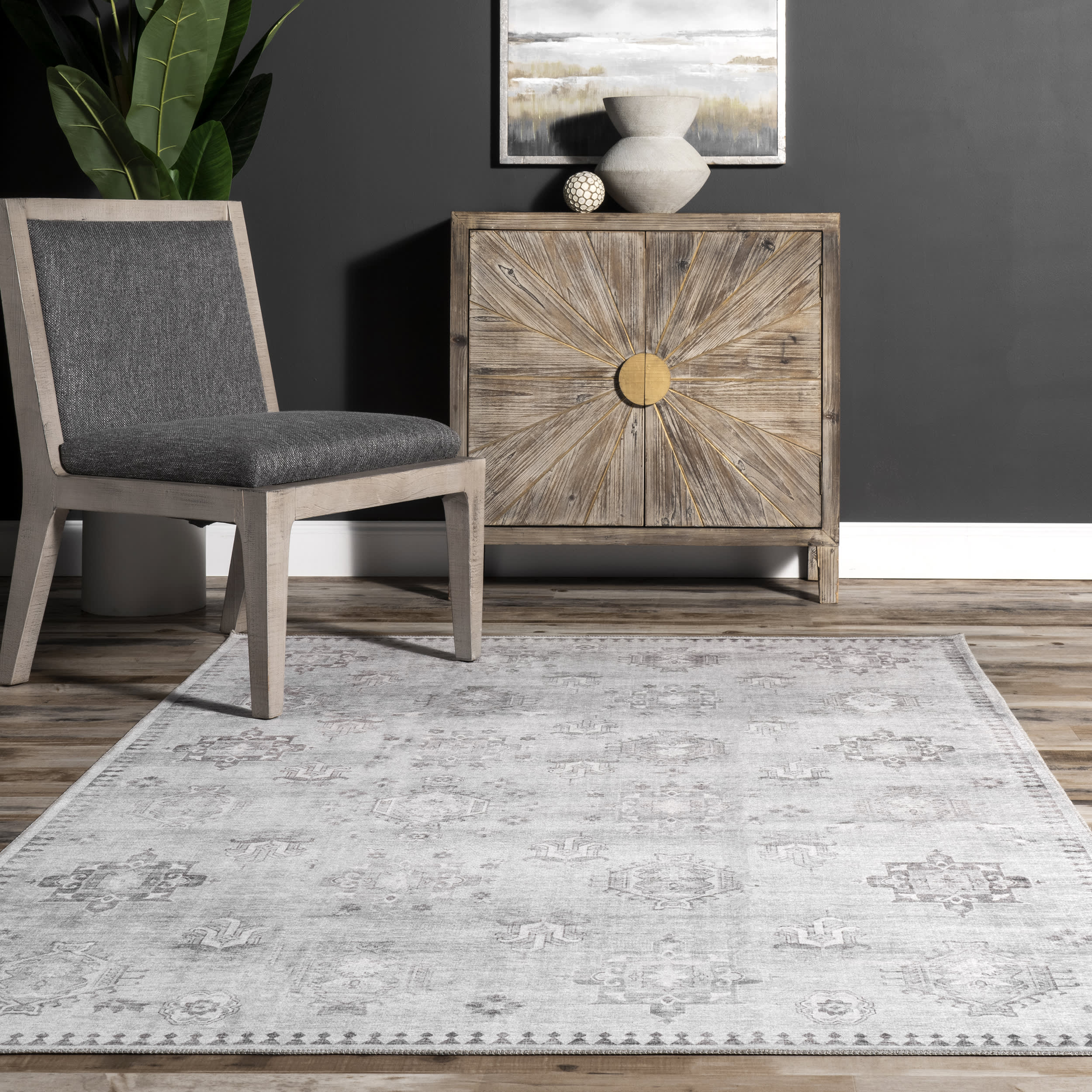 Brenda Hazy Heraldry Washable Rug | Light Grey - Image 4