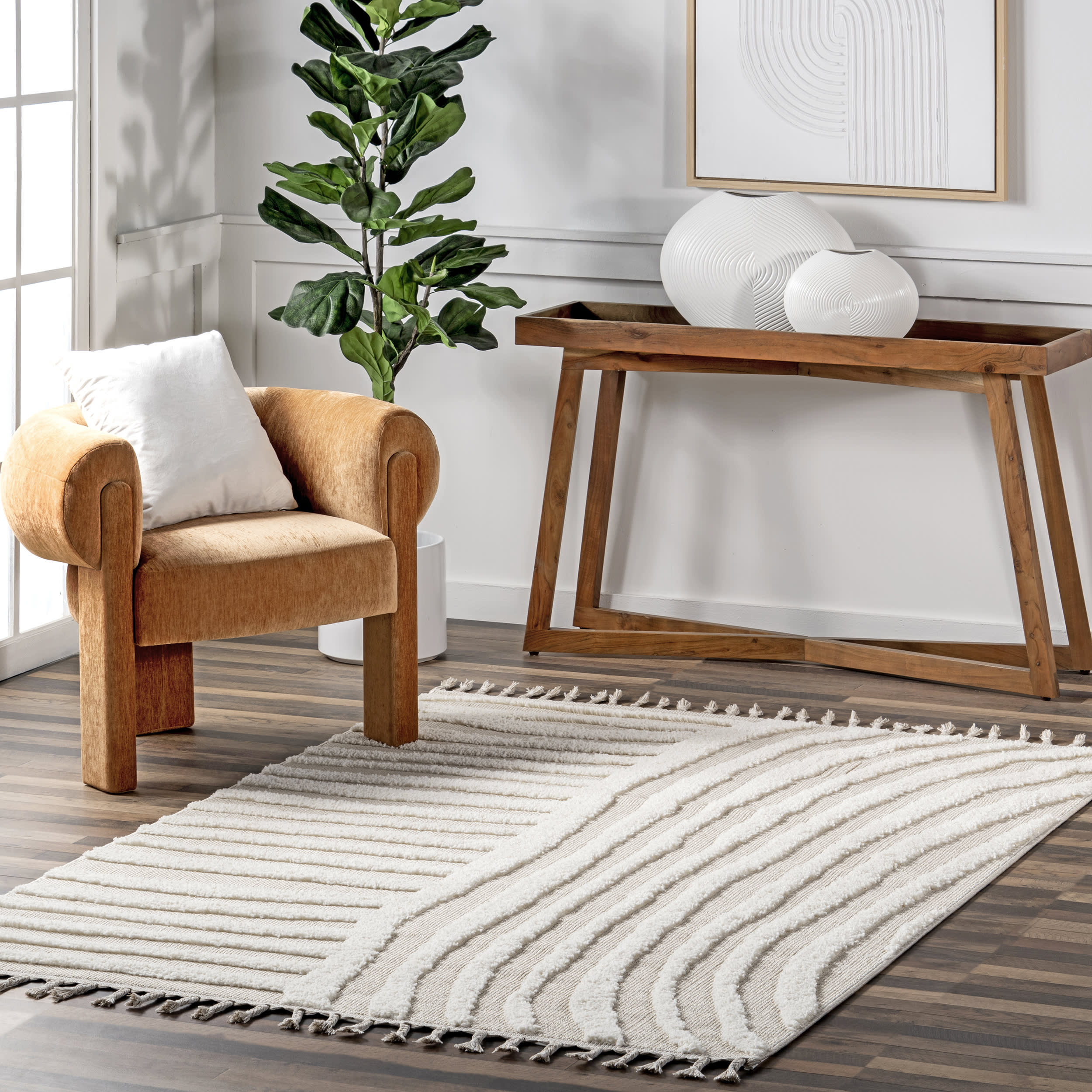 Bryanna High-Low Tasseled Rug | Beige - Image 2