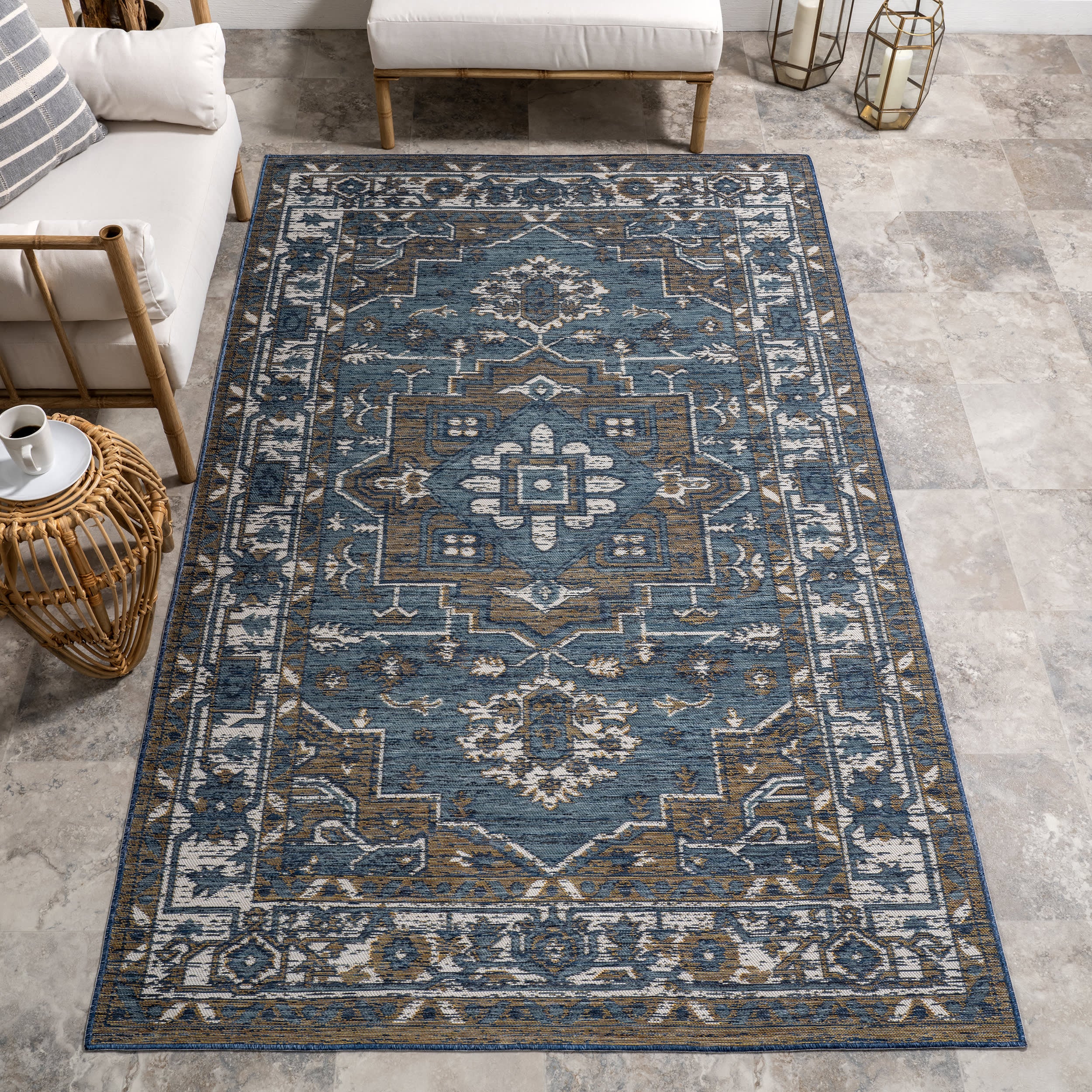 Brynlee Medallion Reversible Indoor/Outdoor Rug | Cream & Blue - Image 2