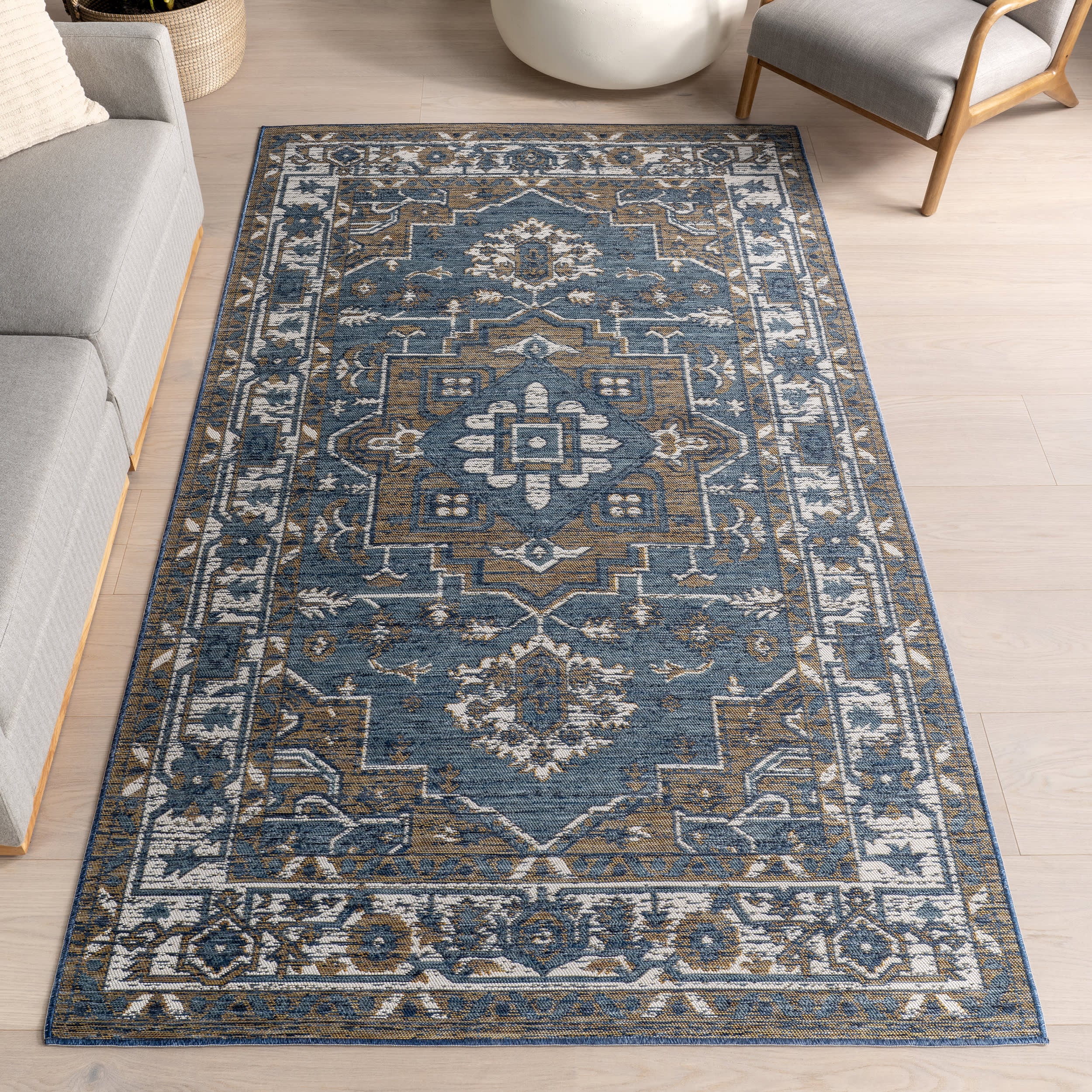 Brynlee Medallion Reversible Indoor/Outdoor Rug | Cream & Blue - Image 8