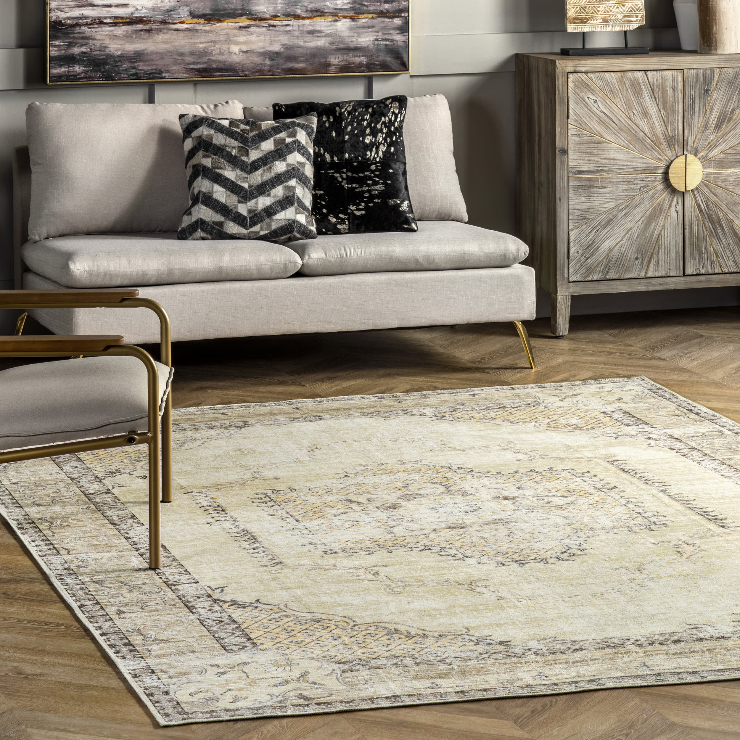 Burr Medallion Washable Rug | Cream - Image 2