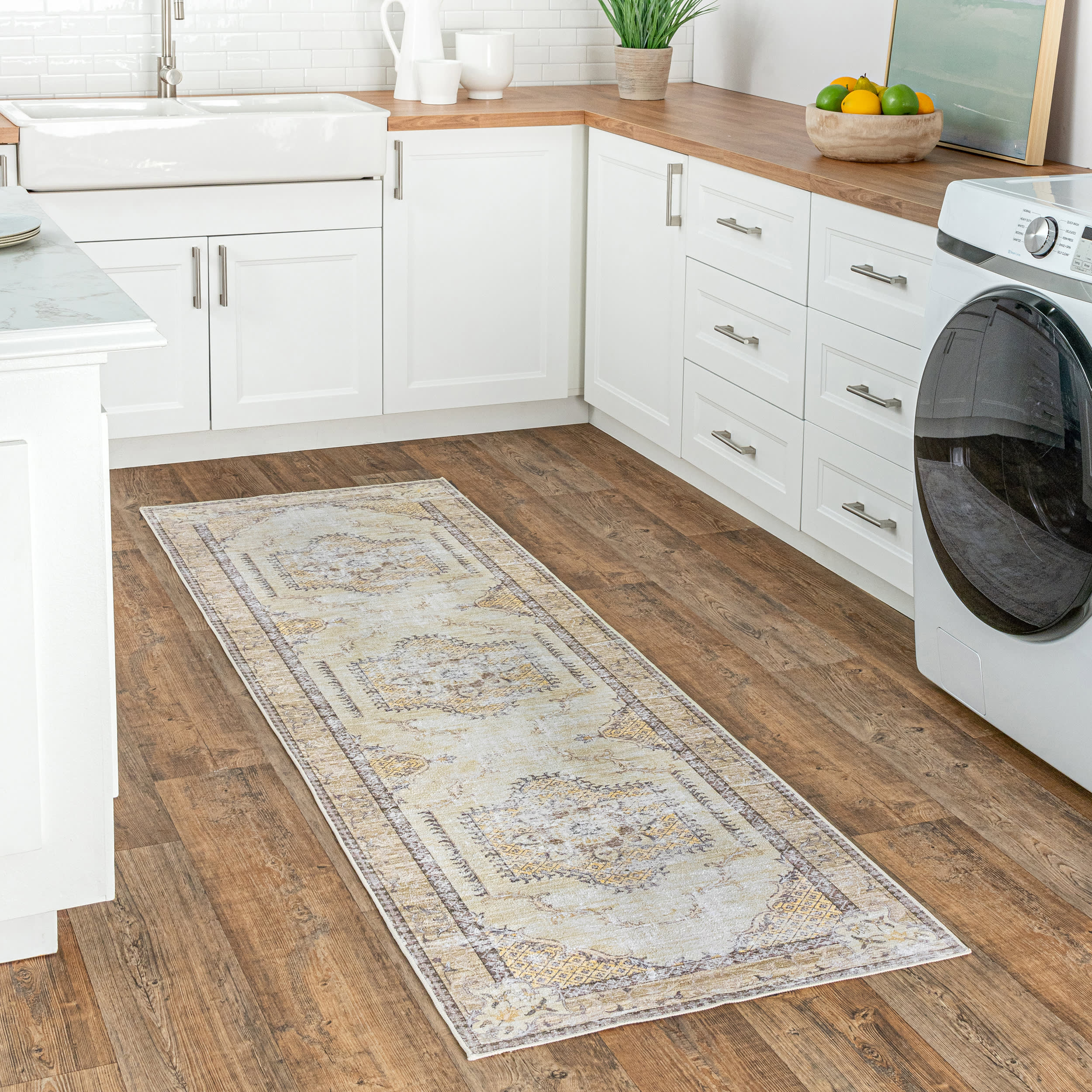 Burr Medallion Washable Rug | Cream - Image 2