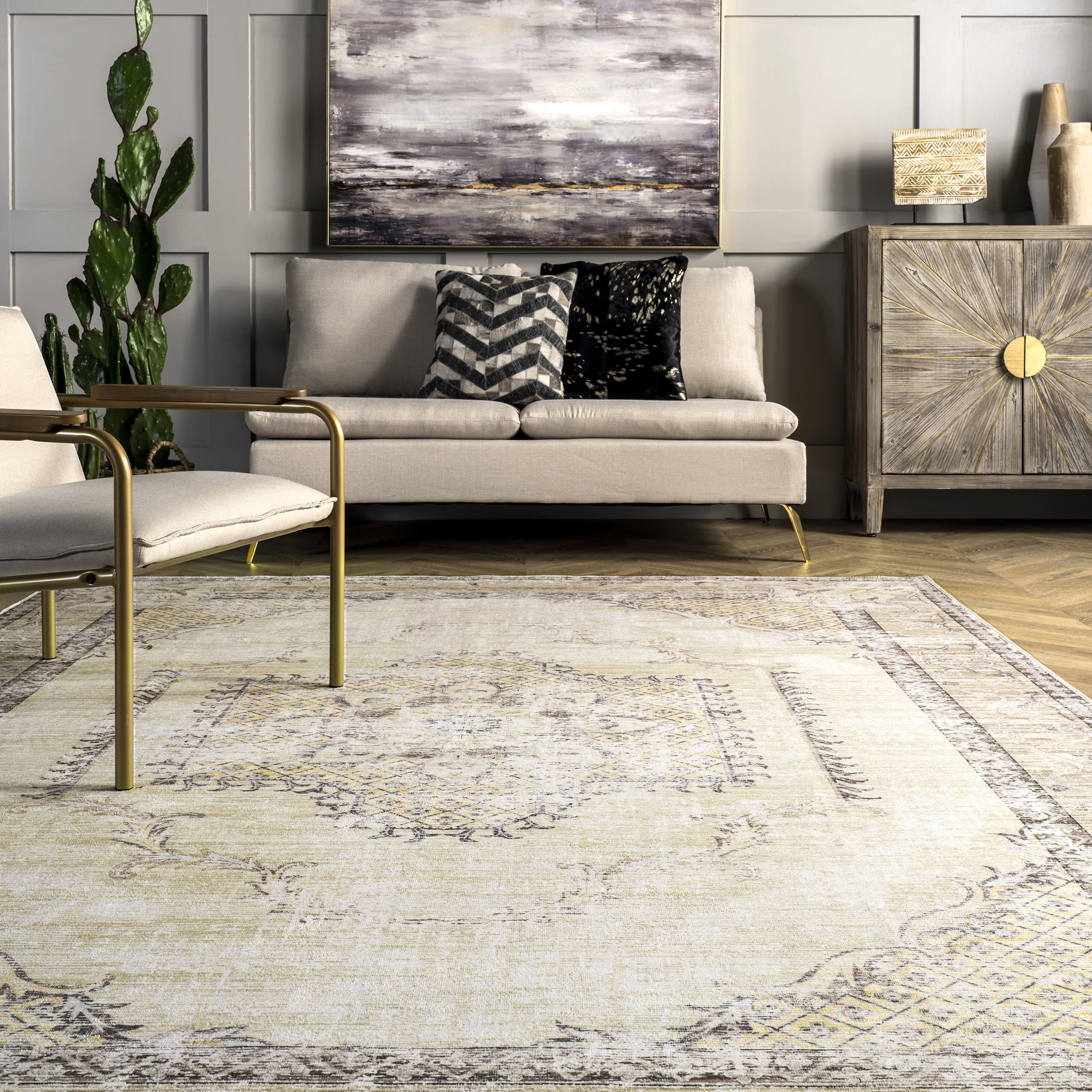 Burr Medallion Washable Rug | Cream - Image 4