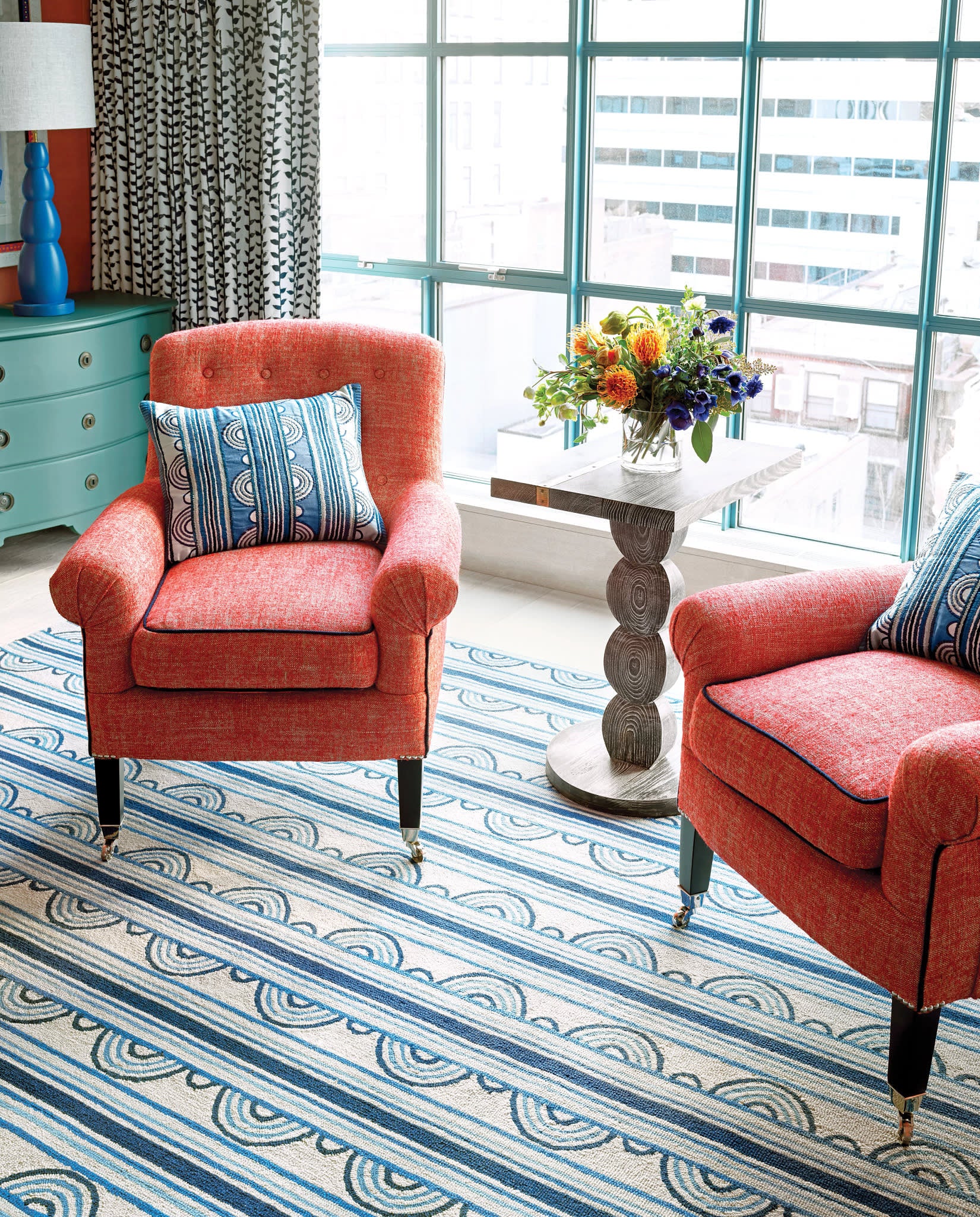 Button Hand Micro Hooked Wool Rug | Blue - Image 3