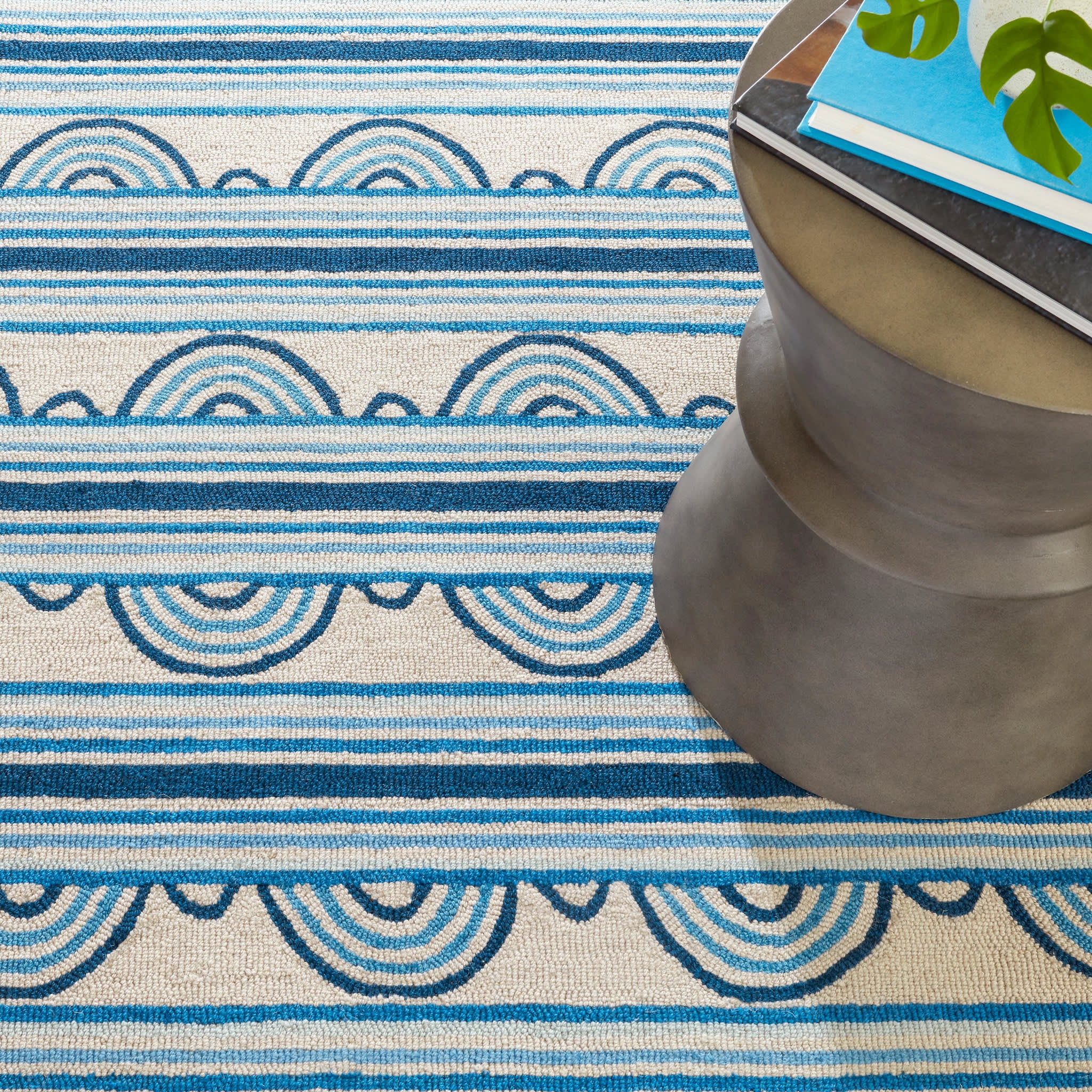 Button Hand Micro Hooked Wool Rug | Blue - Image 5