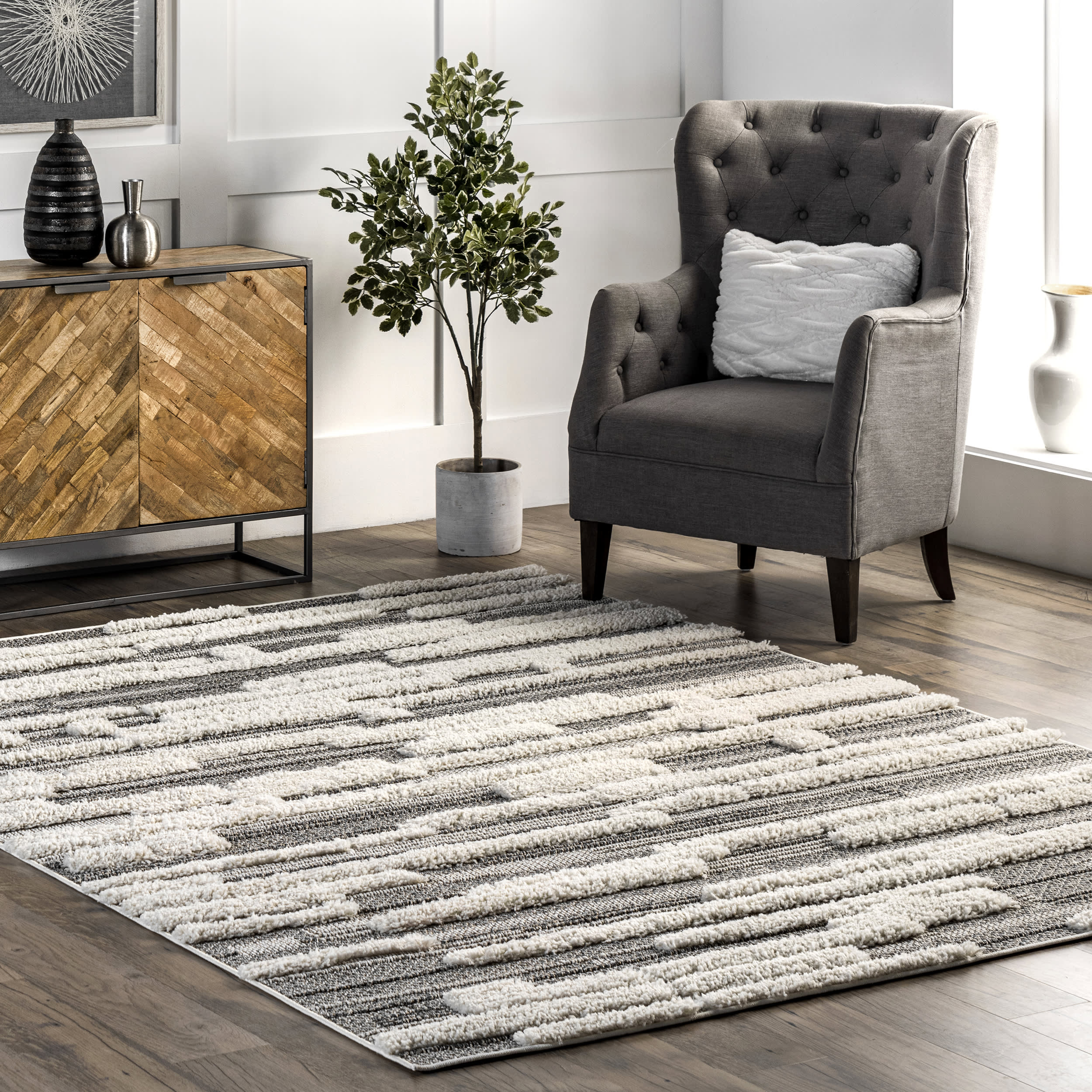 Cadence Striped Shags Rug | Grey - Image 2