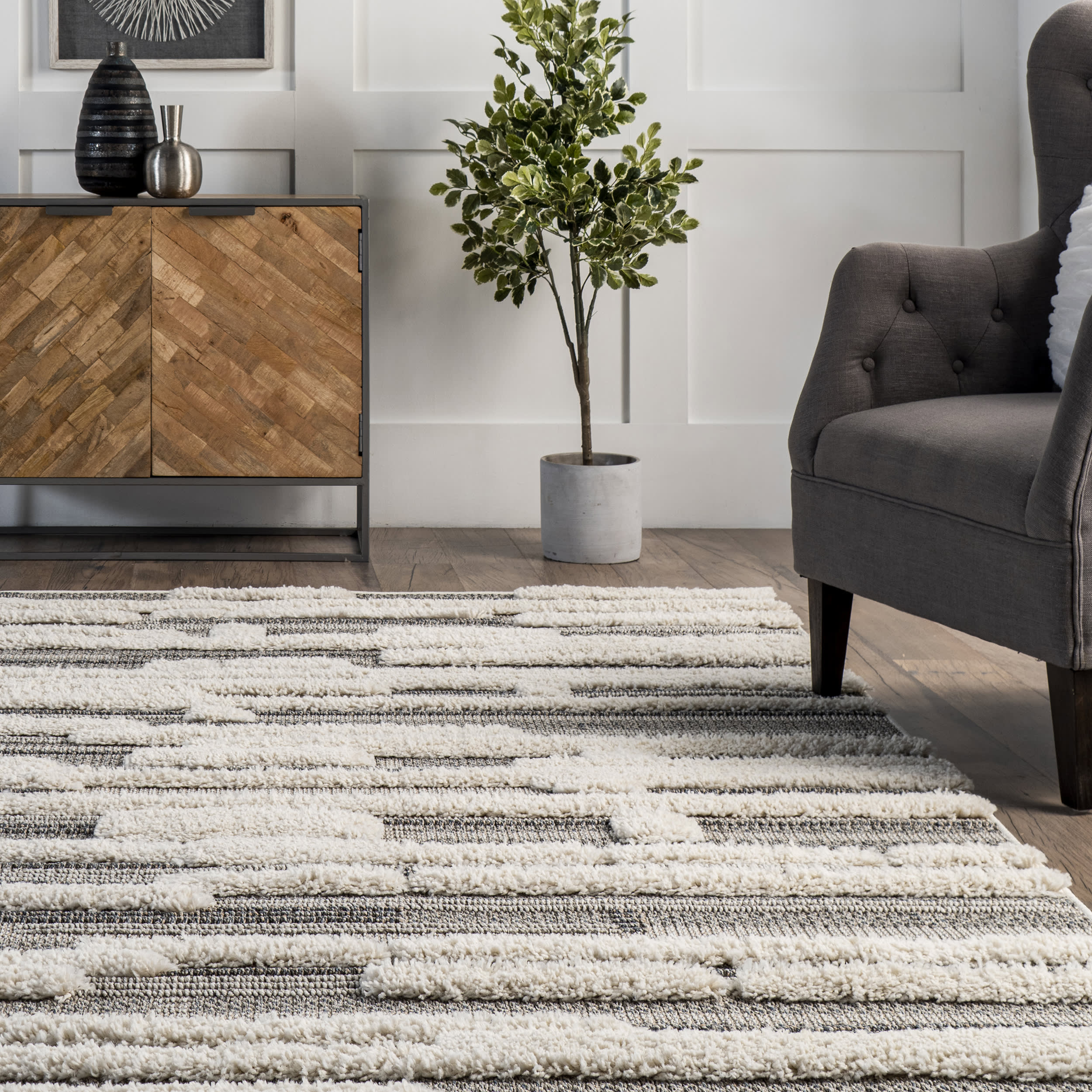 Cadence Striped Shags Rug | Grey - Image 4