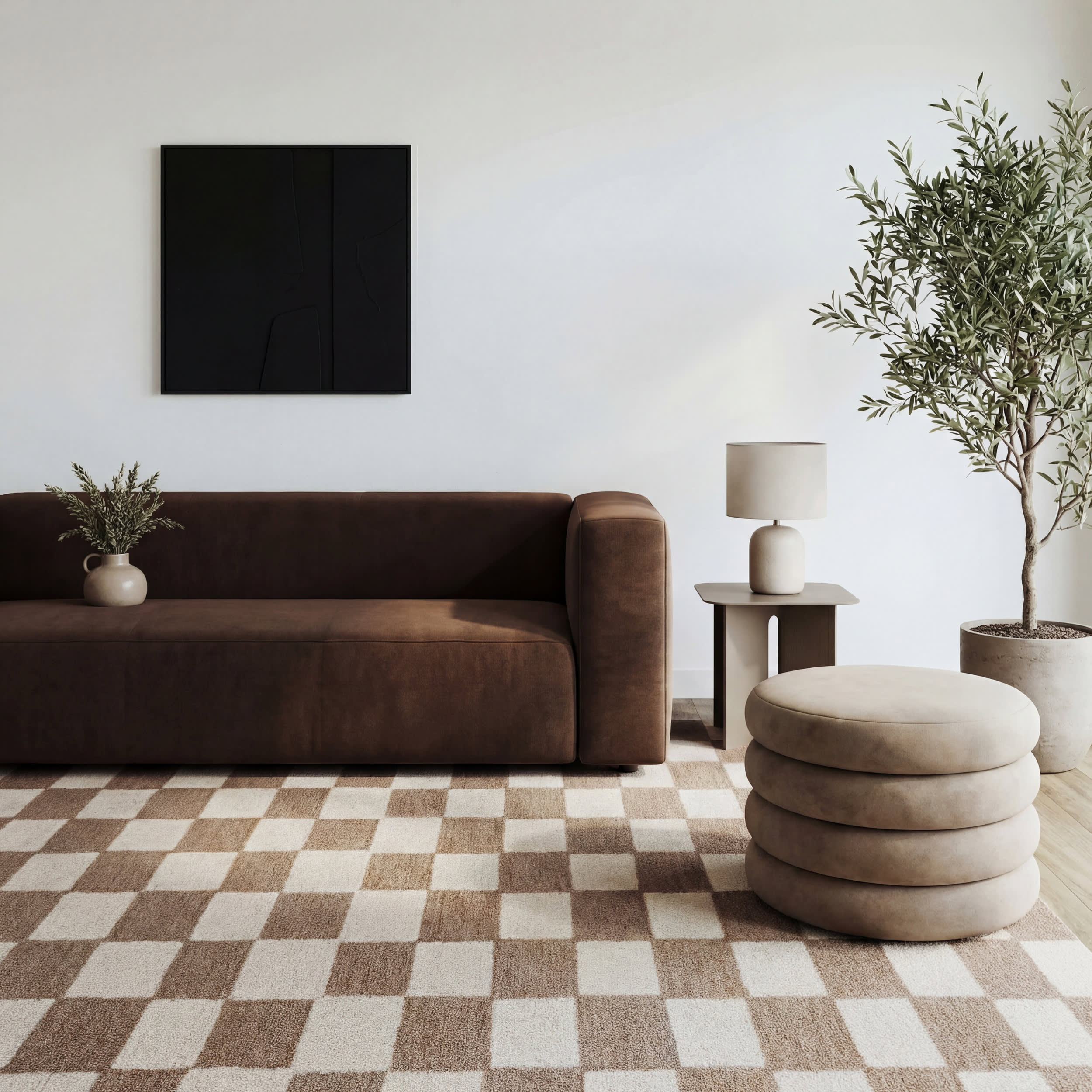 Calina Modern Checkered Indoor Wool Rug | Taupe - Image 5