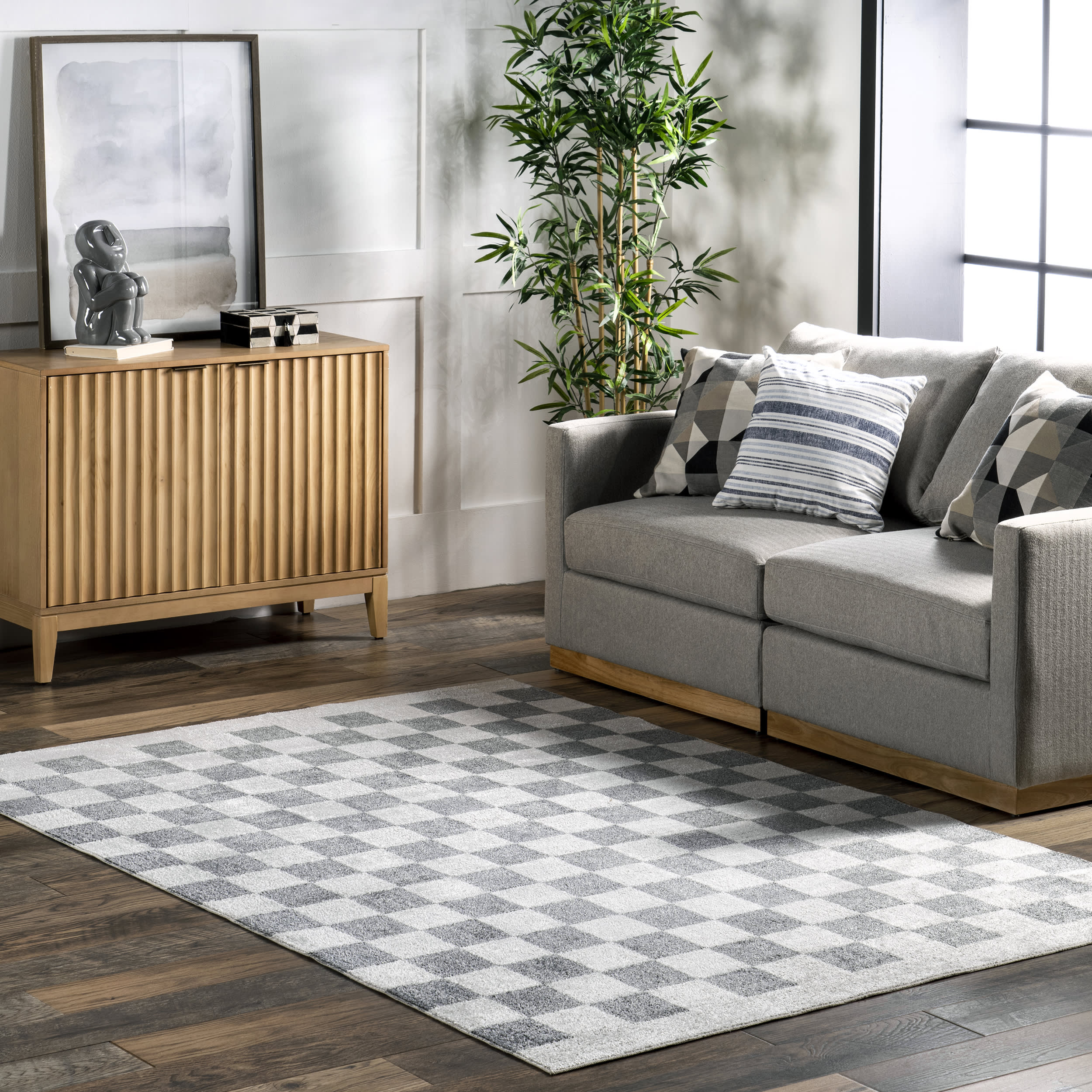 Carina Colorful Checkered Washable Rug | Grey - Image 2