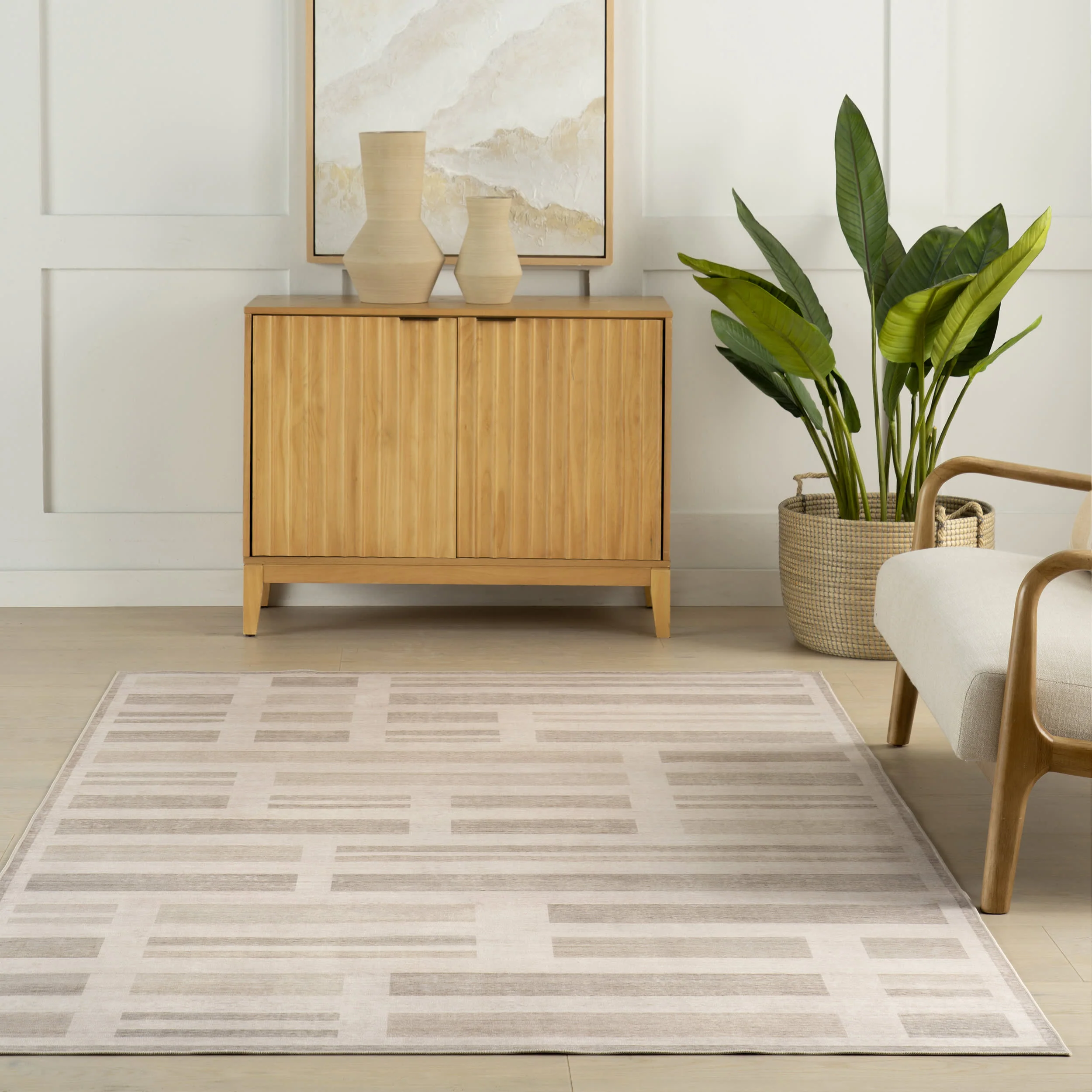 Carisse Striped Washable Rug | Beige - Image 5