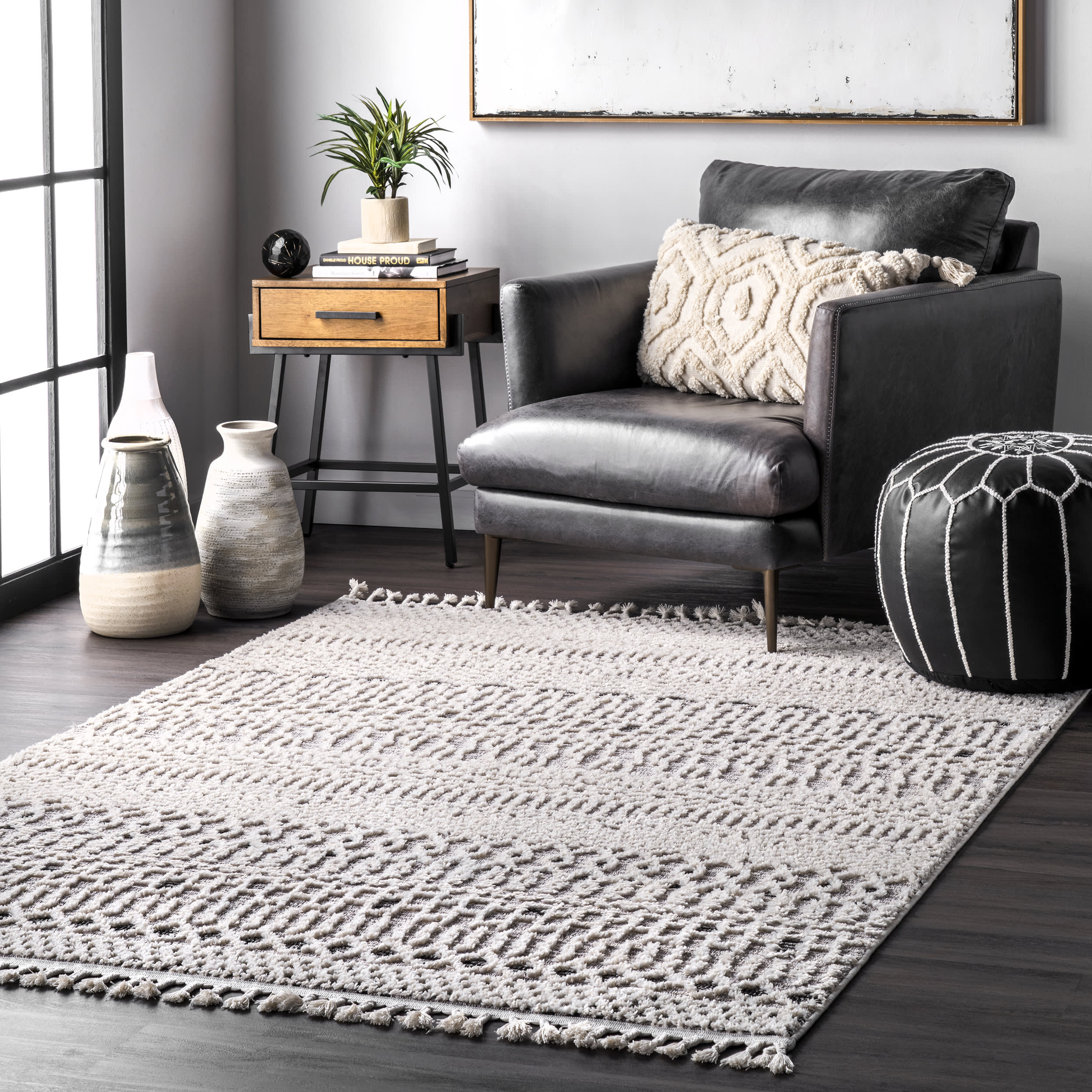 Carved Banded Tassel Rug | Beige - Image 2
