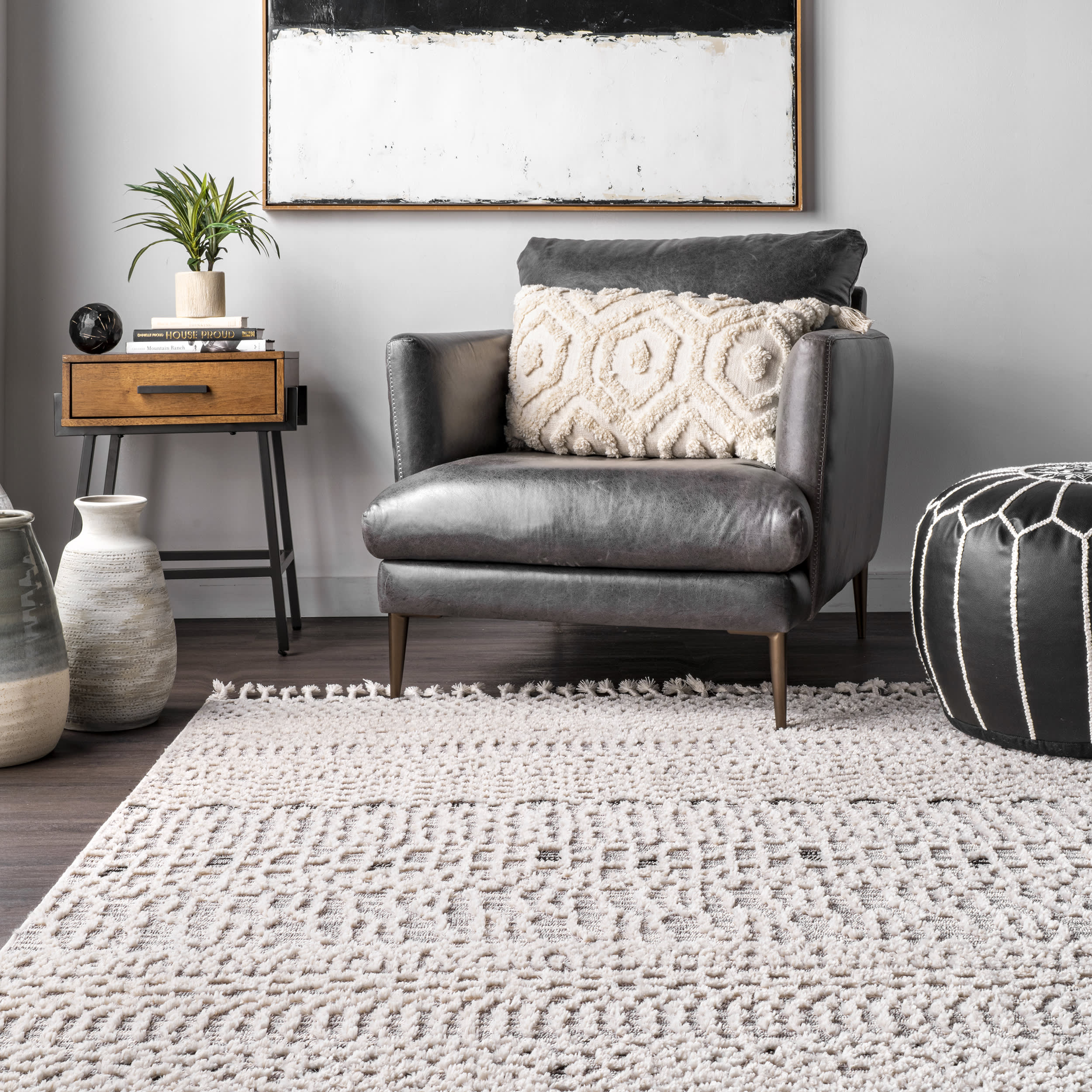 Carved Banded Tassel Rug | Beige - Image 4