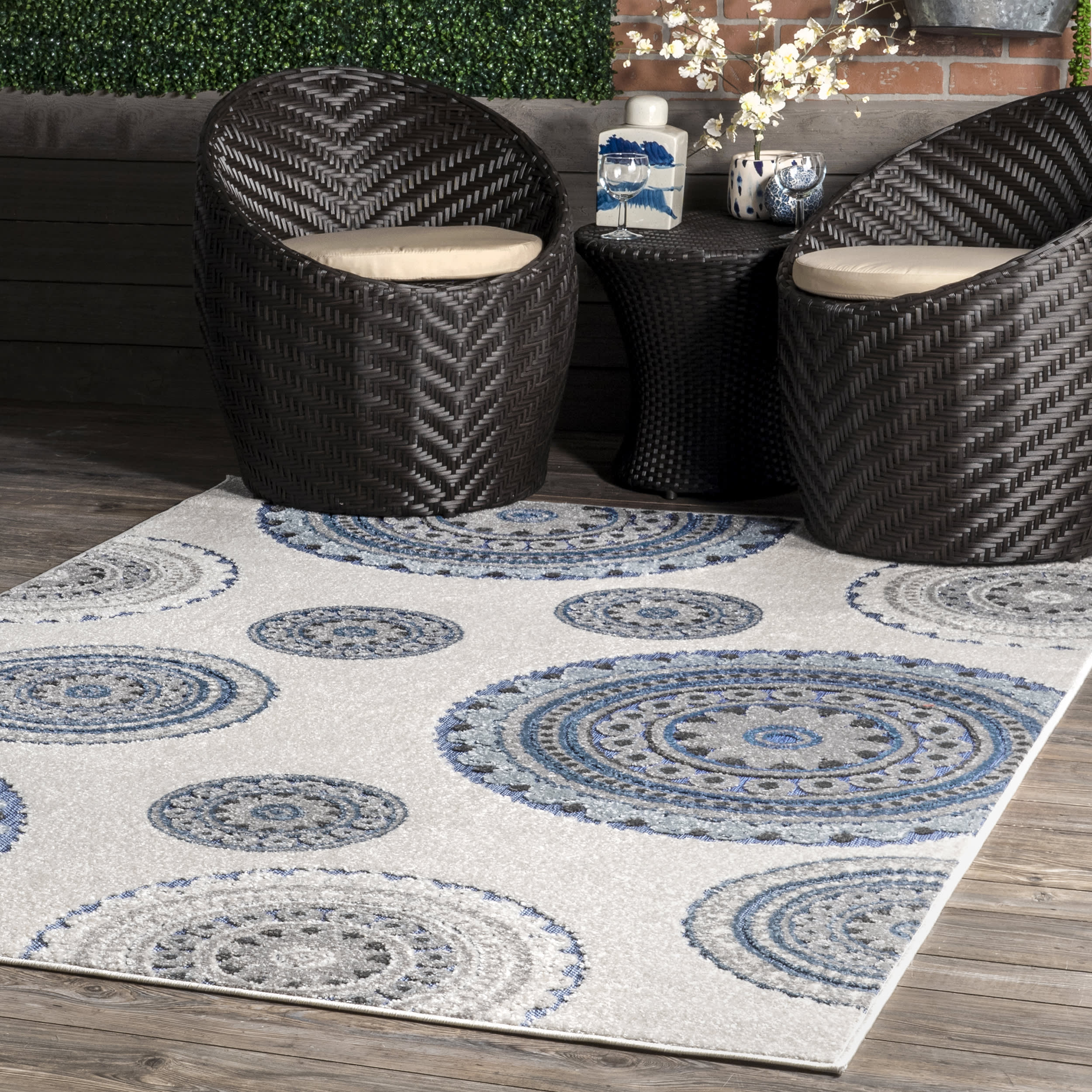 Carved Regal Suzani Indoor/Outdoor Rug | Blue - Image 2