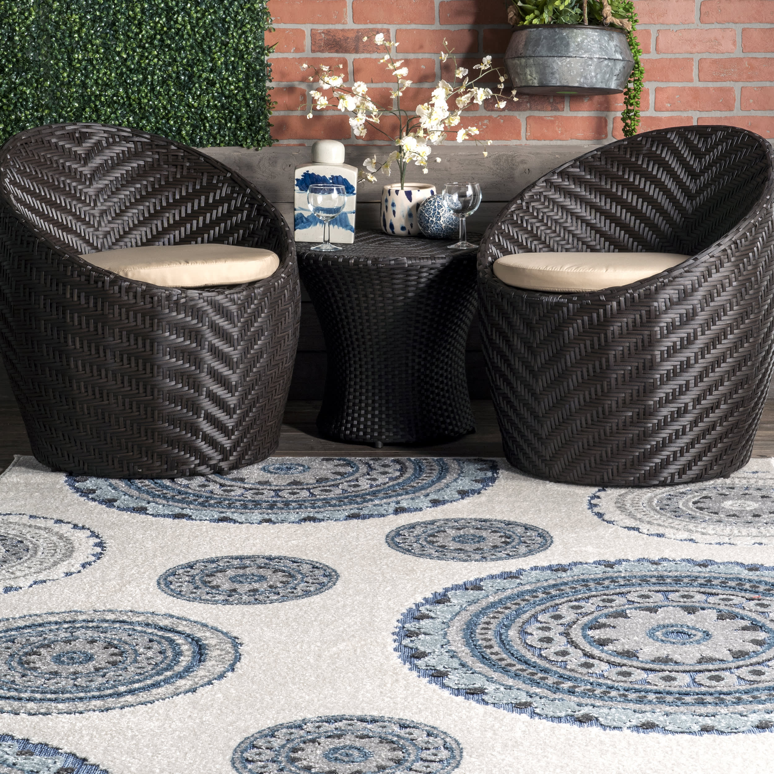 Carved Regal Suzani Indoor/Outdoor Rug | Blue - Image 4