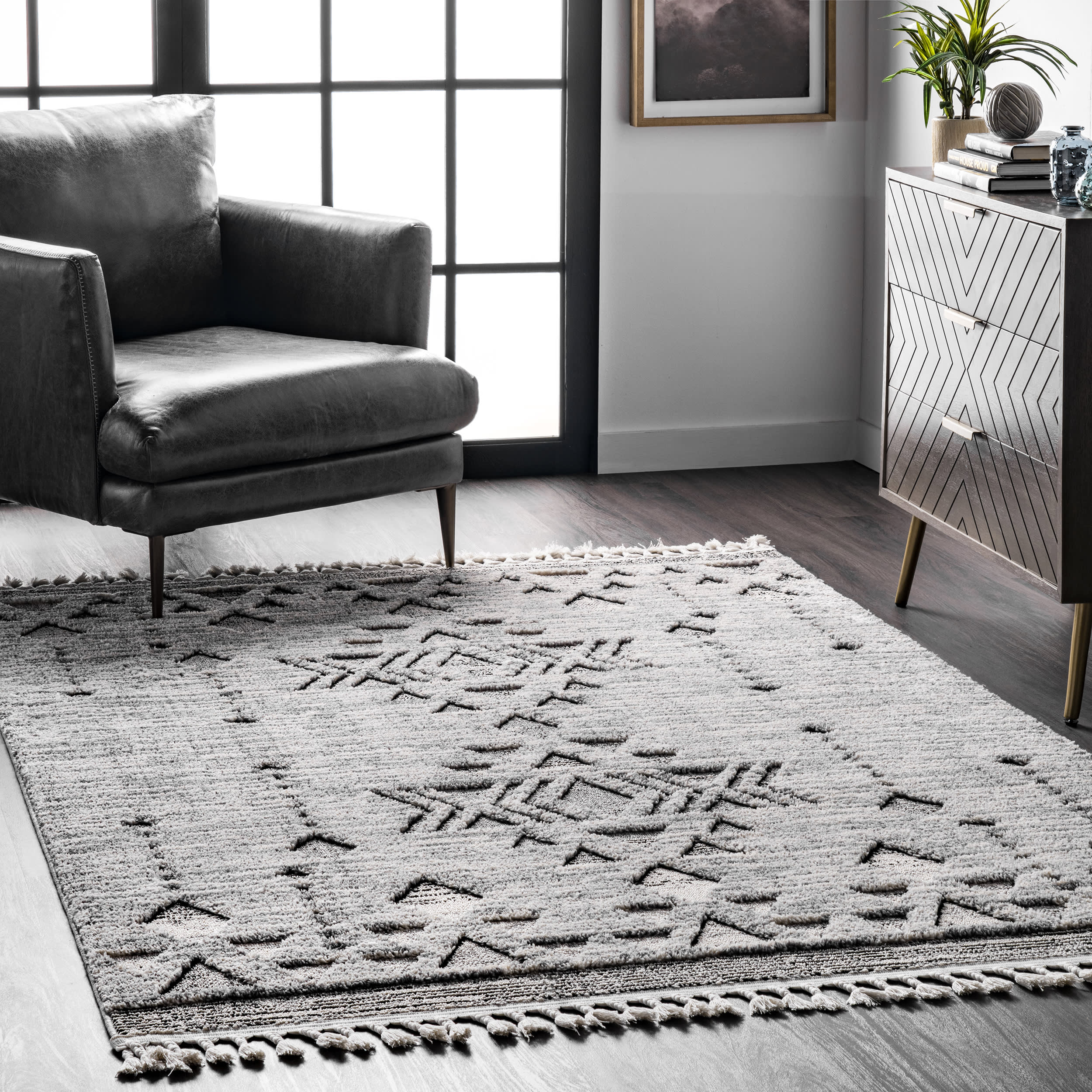 Carved Snowflake Tassel Rug | Grey - Image 2