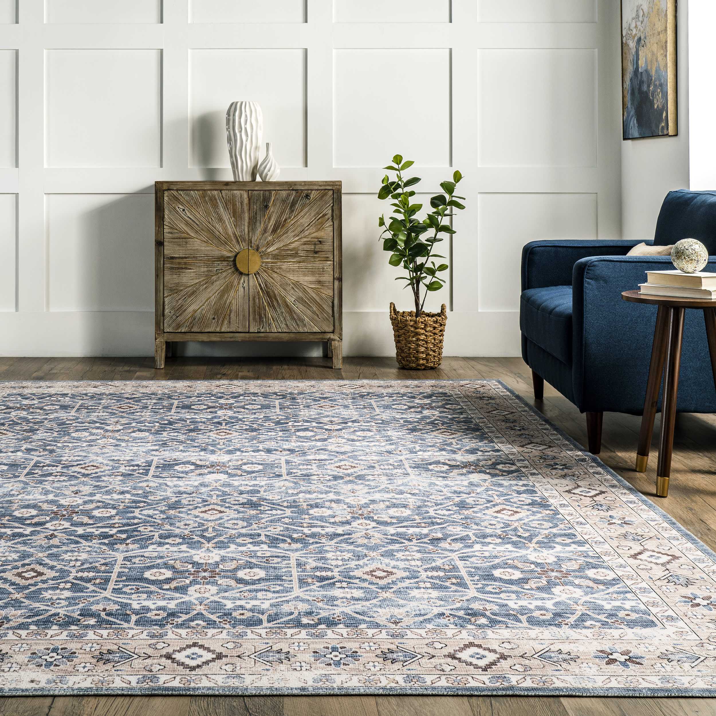 Cassie Vintage Tracery Washable Rug | Blue - Image 4