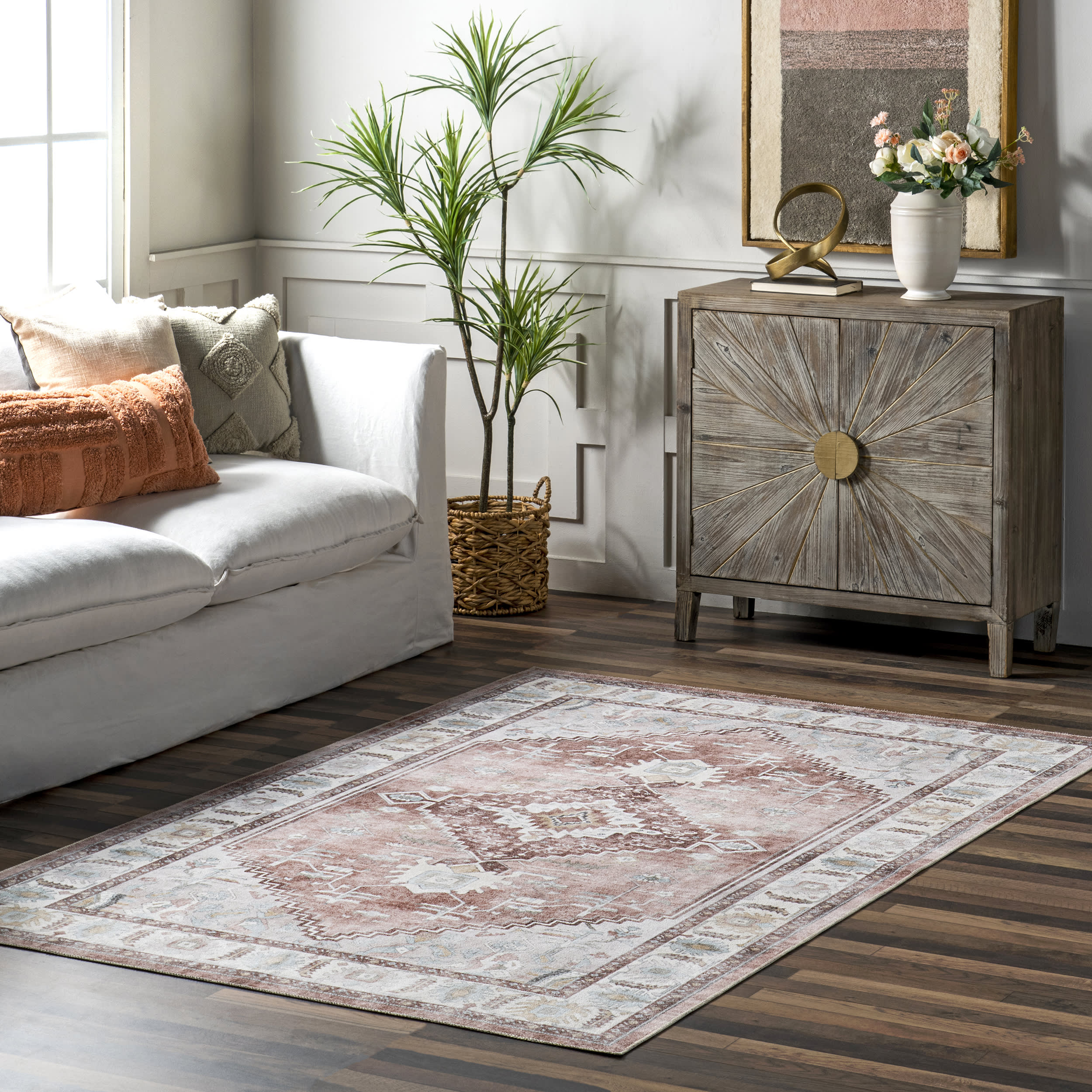 Charis Medallion Spill Proof Washable Rug | Blush - Image 2