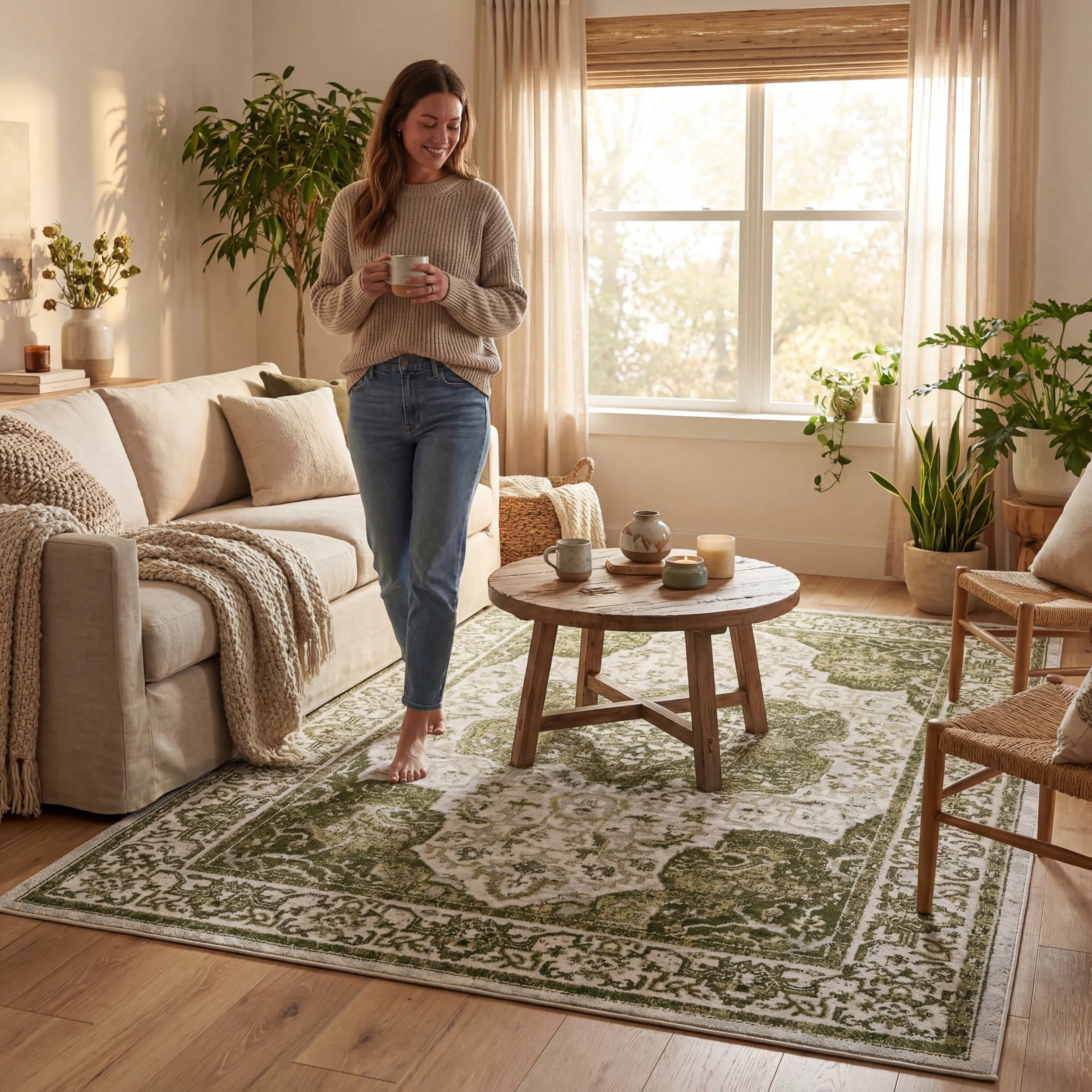 Charlisa Washable Faded Snowflake Rug | Green - Image 9