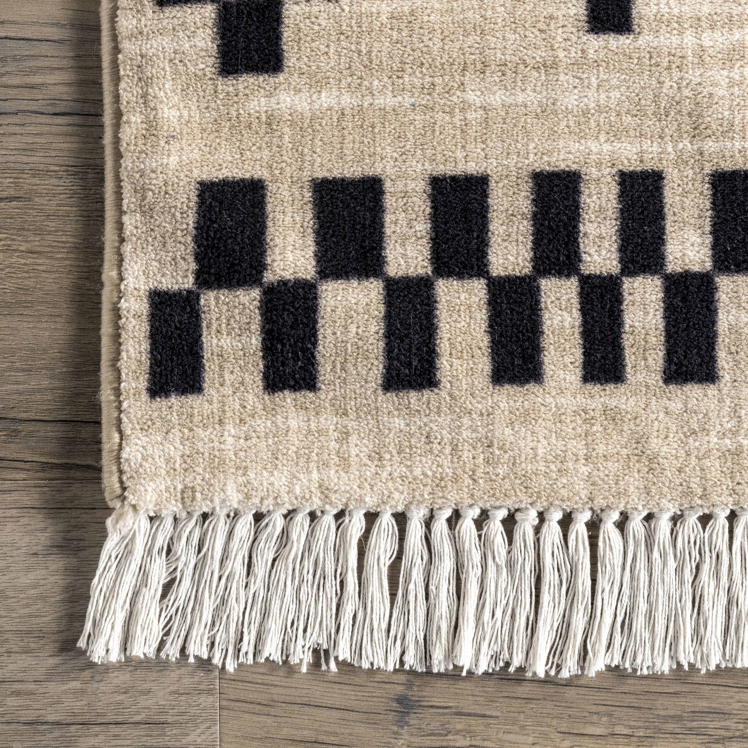 Checkered Moroccan Tassel Non-Slip Backing Rug | Off White - Image 3