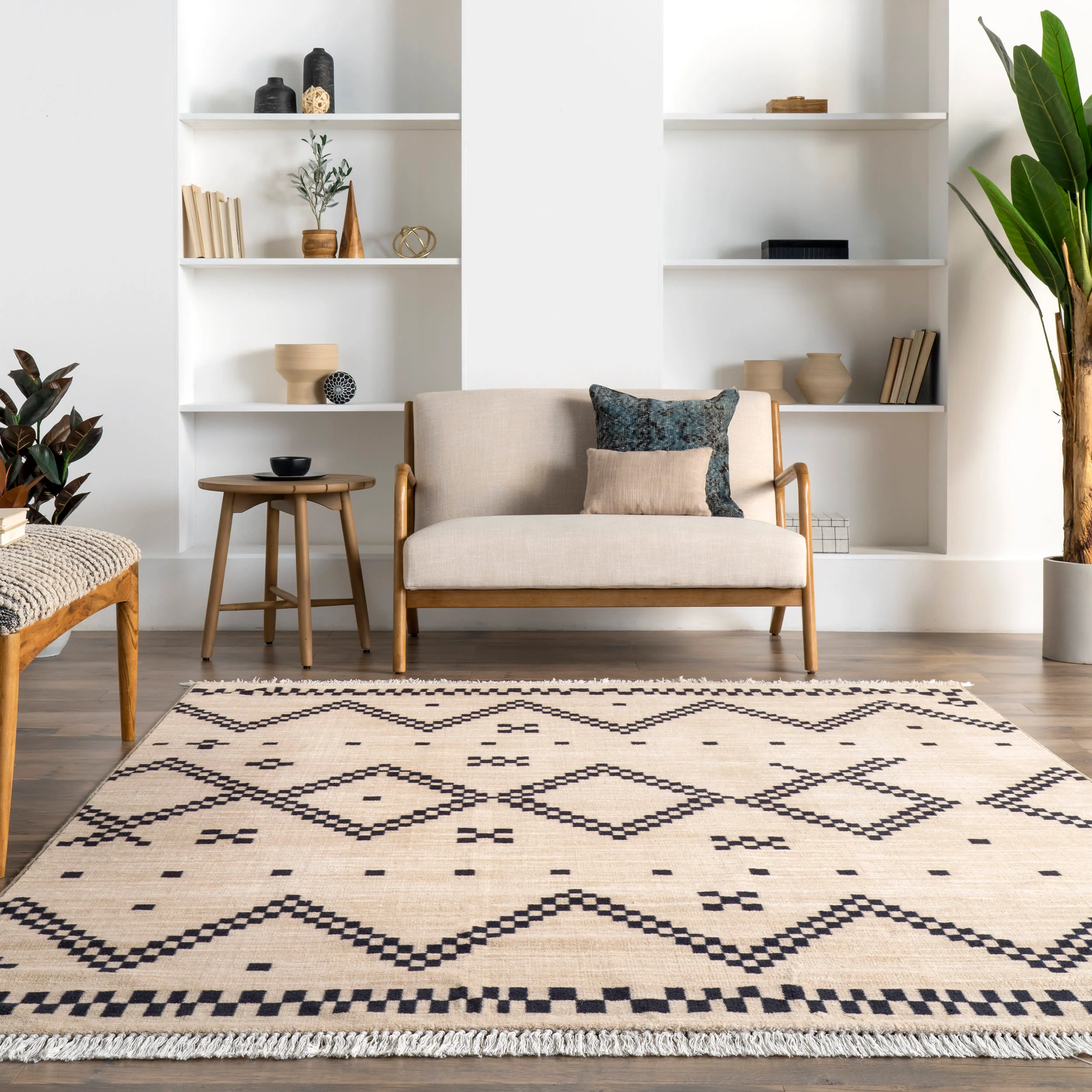 Checkered Moroccan Tassel Non-Slip Backing Rug | Off White - Image 4