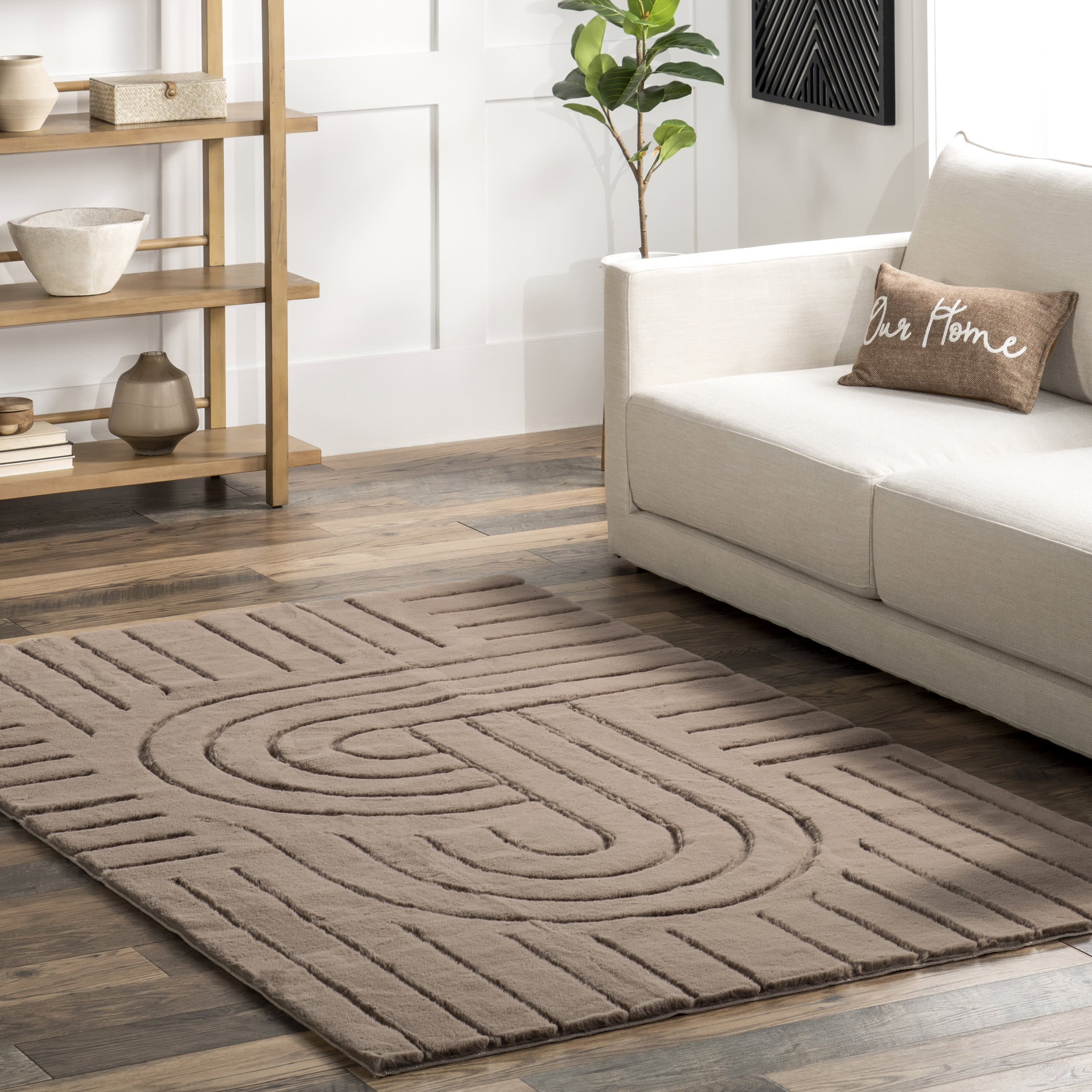 Chiarra Woven Arc Plush Cloud Washable Rug | Brown - Image 2
