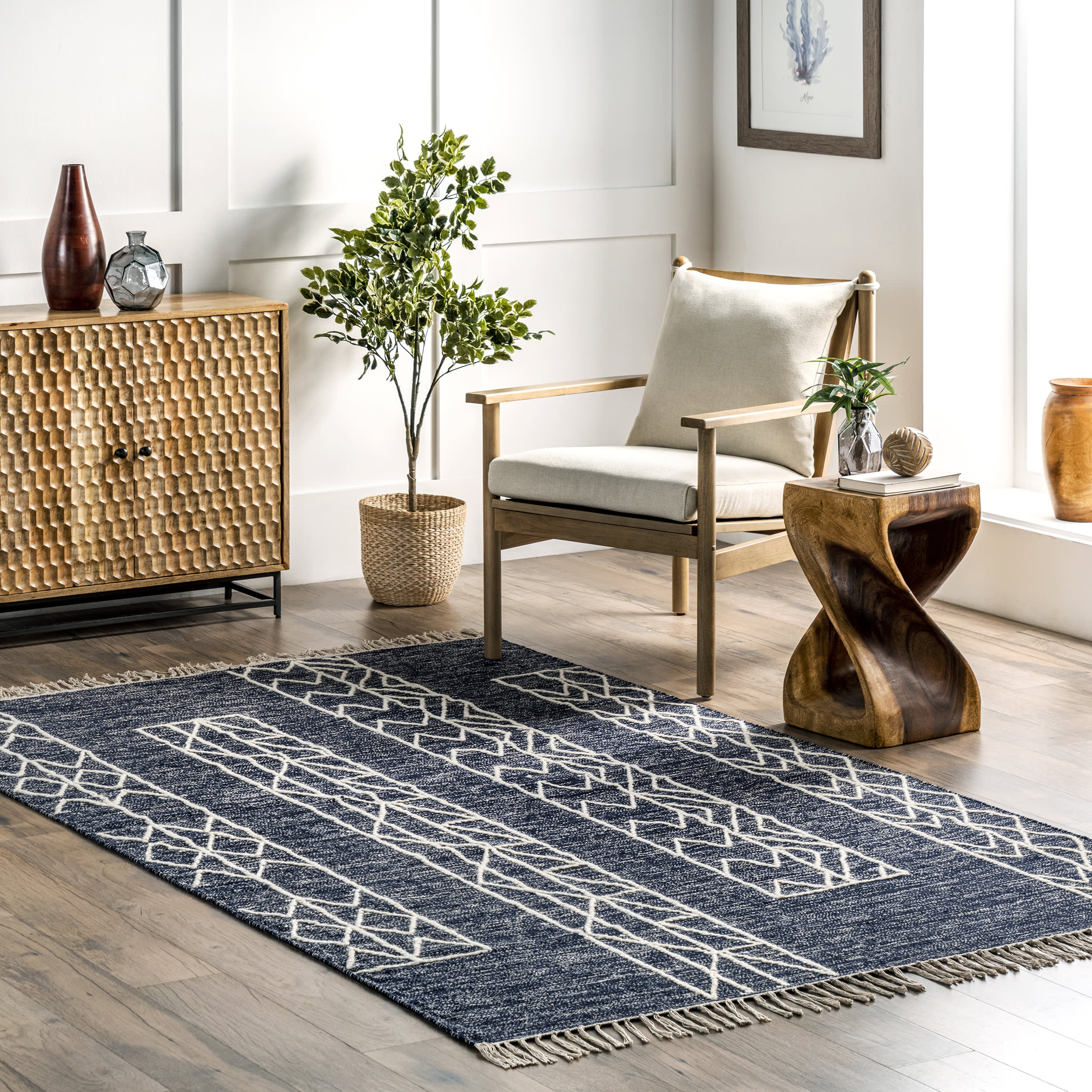 Chrissy Banded Tasseled Rug | Blue - Image 2