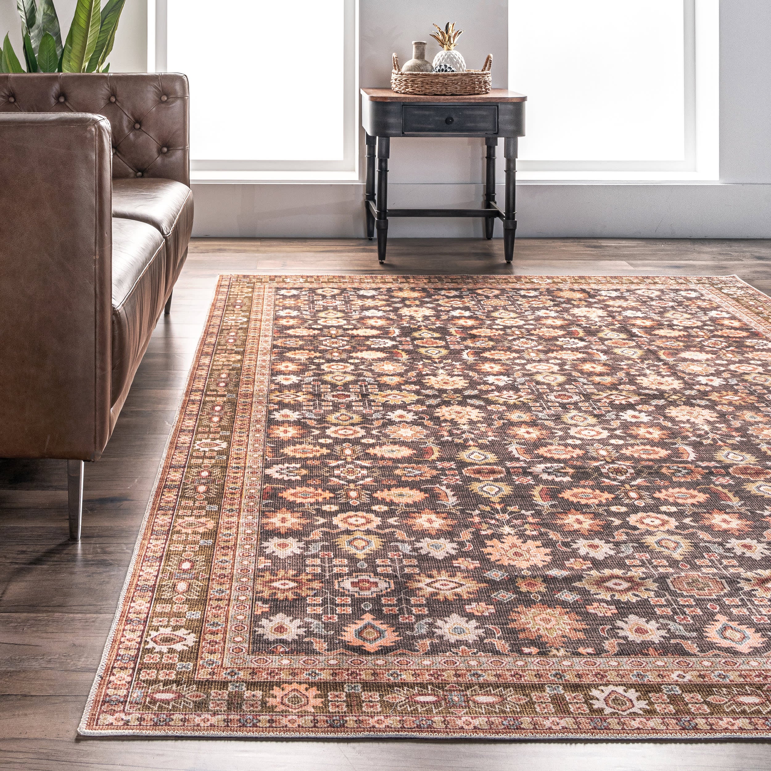 Claire Washable Floral Rug | Brown - Image 4