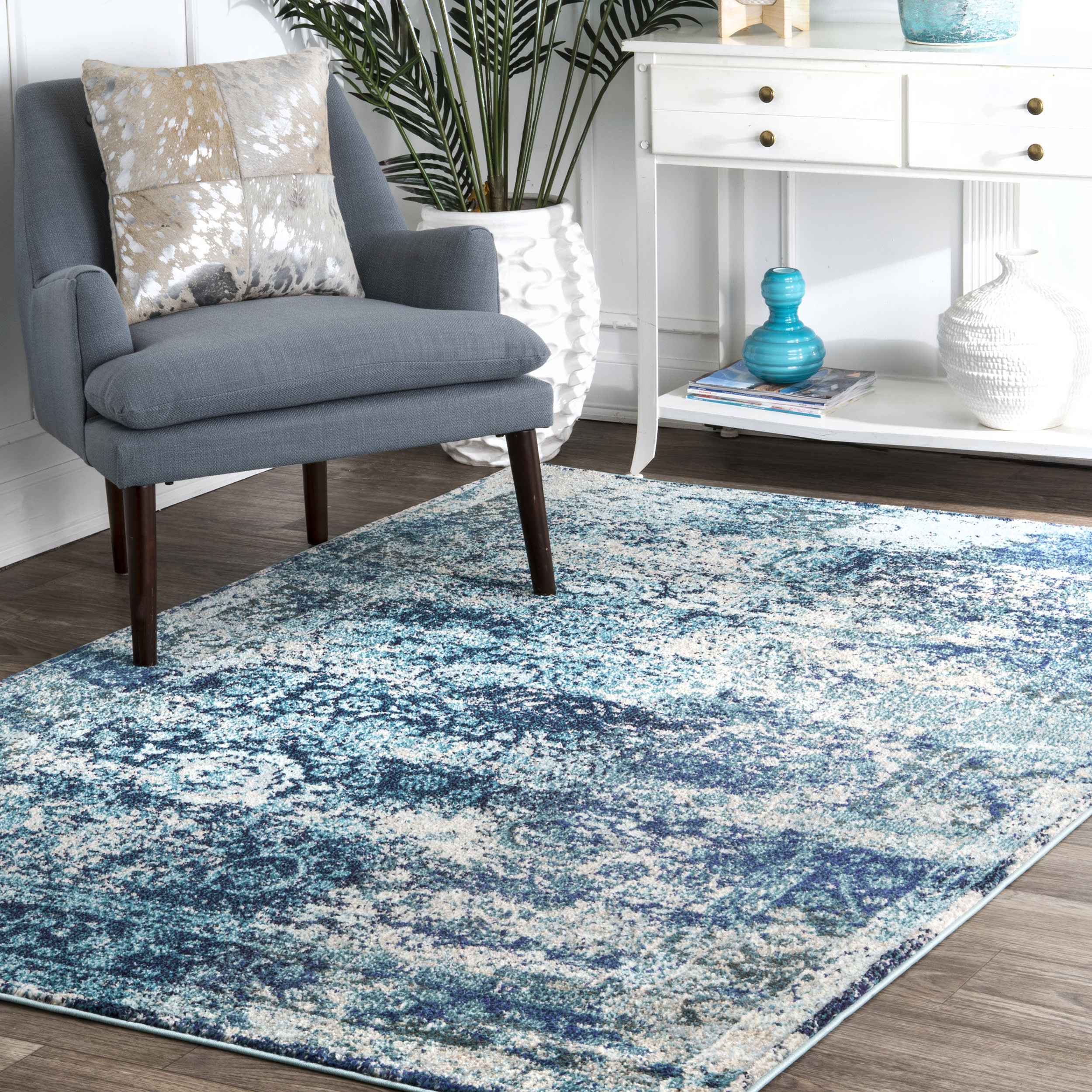 Color Washed Floral Rug | Ocean Blue - Image 2
