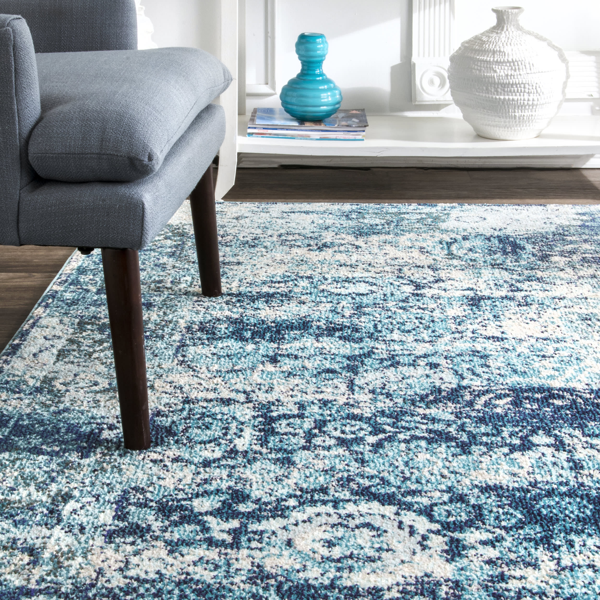 Color Washed Floral Rug | Ocean Blue - Image 4