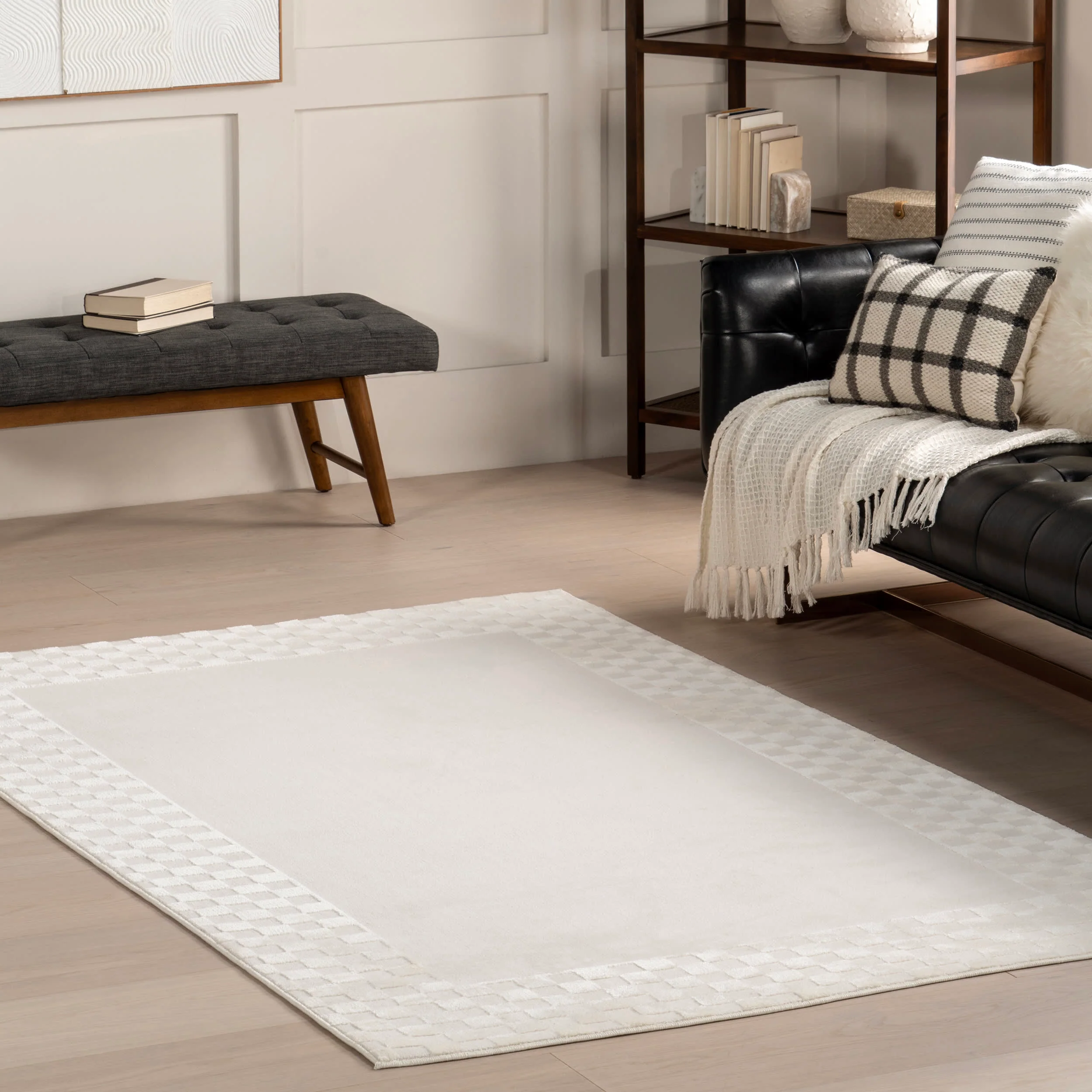 Corina Checkered Border Rug | Cream - Image 2