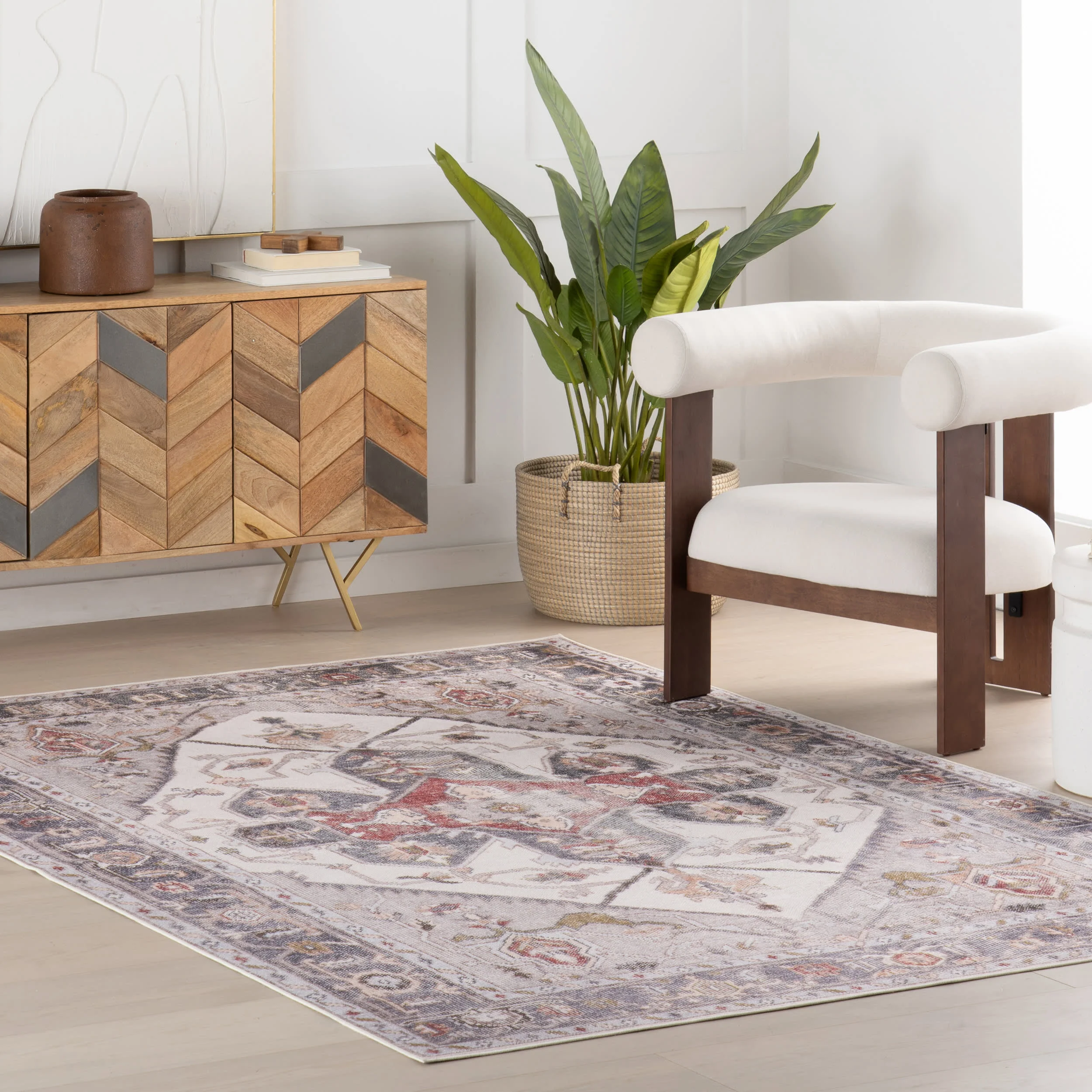 Crystalline Medallion Spill Proof Washable Rug | Beige - Image 2