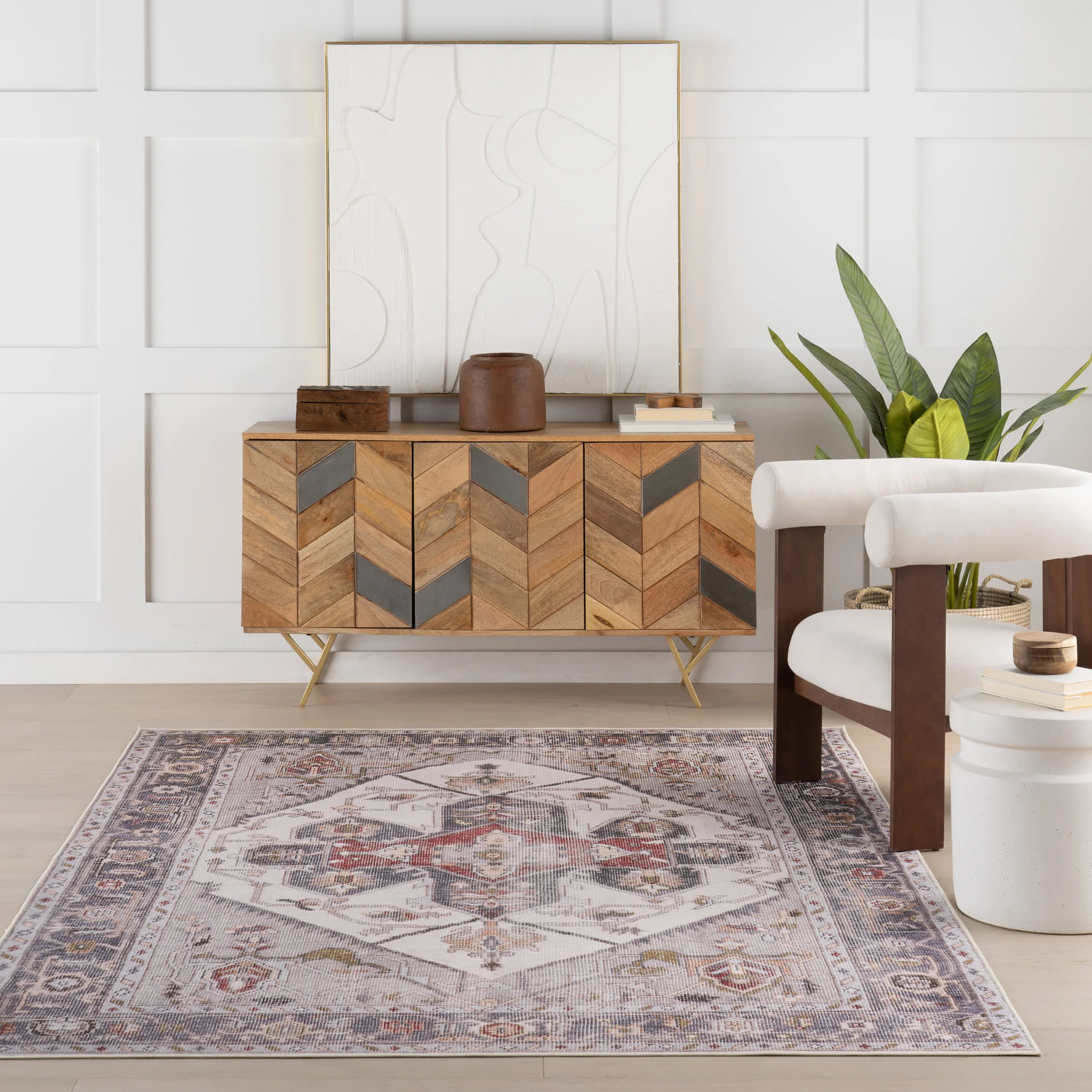 Crystalline Medallion Spill Proof Washable Rug | Beige - Image 5